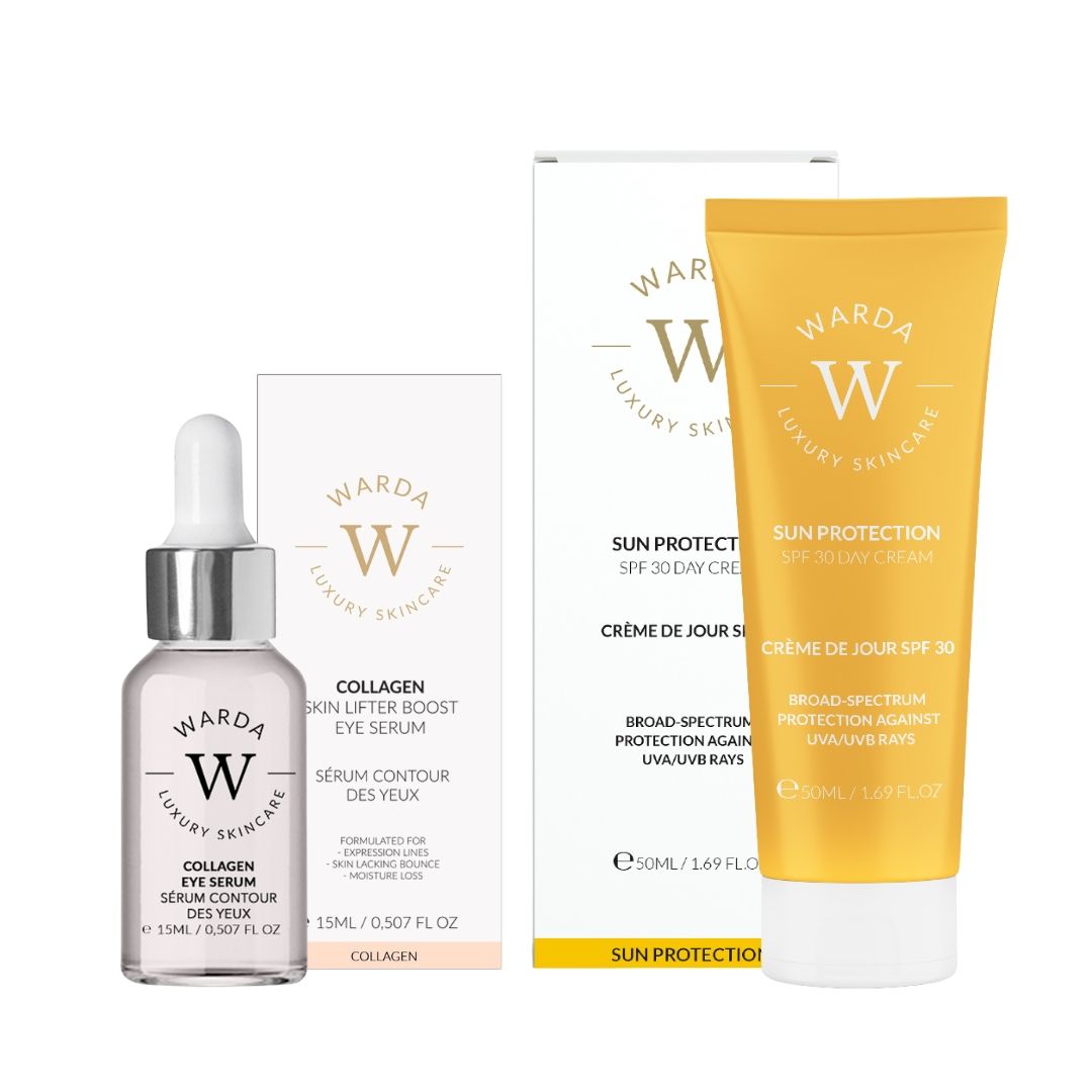 Warda Luxury Skincare Produkte: Kollagen-Serum, Tagescreme LSF 30. Flasche, Tube, Verpackung. Weiß, gelb, silber. Text.
