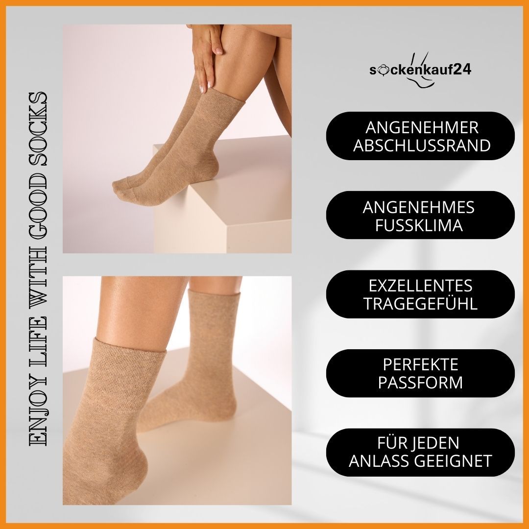 Zwei Bilder mit beige Socken an Beinen. Text: Angenehmer Abschlussrand, Angenehmes Fußklima, Exzellentes Tragegefühl, Perfekte Passform, Für jeden Anlass geeignet.