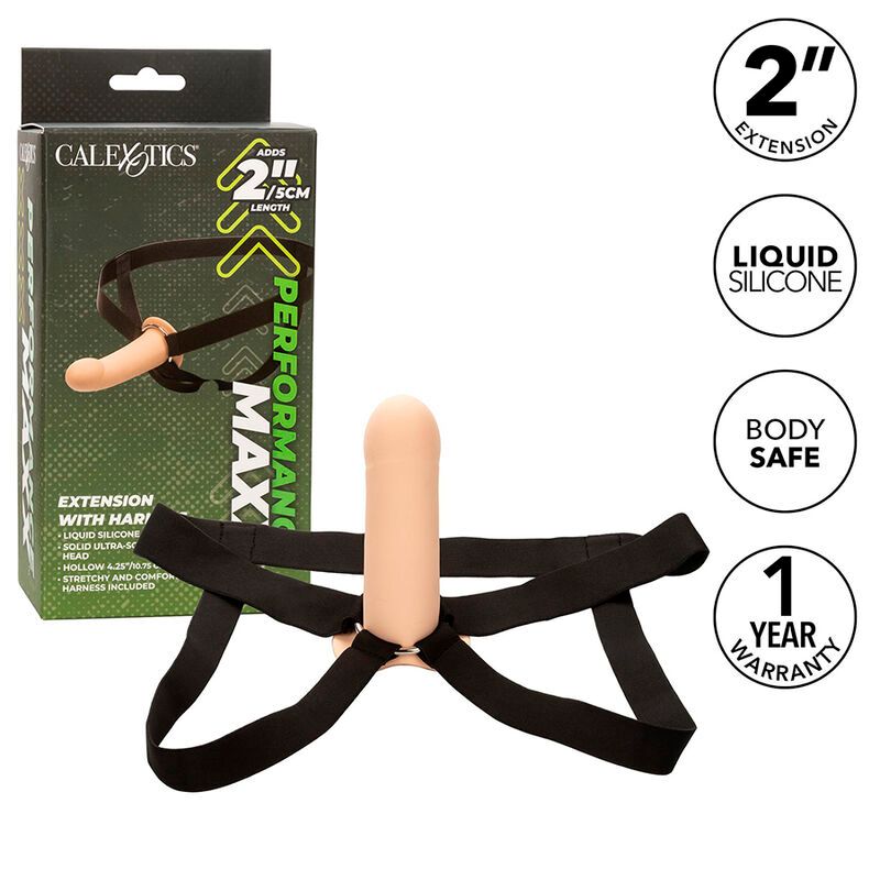 Harness-Penisverlängerung mit schwarzem Harness und Verlängerung. Verpackung mit Logo Calexotics und Produktbezeichnung. 2" Verlängerung.