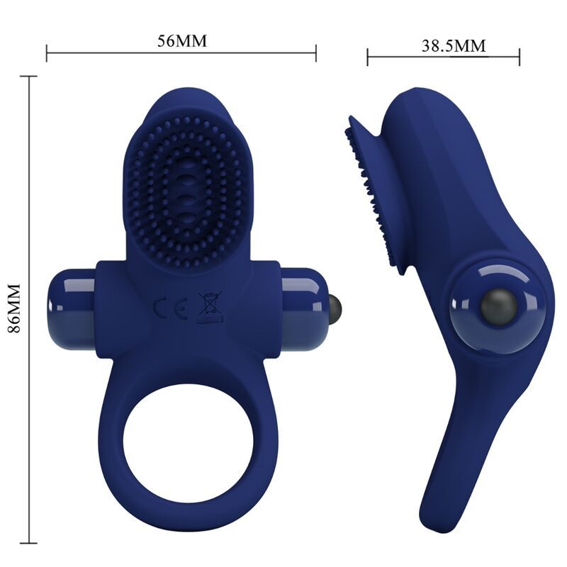 Blauer Penisring mit Vibration. Abmessungen: 86x56x38,5mm. Ringförmige Basis, Aufsatz mit Noppen und zwei seitlichen Elementen. CE-Kennzeichnung.
