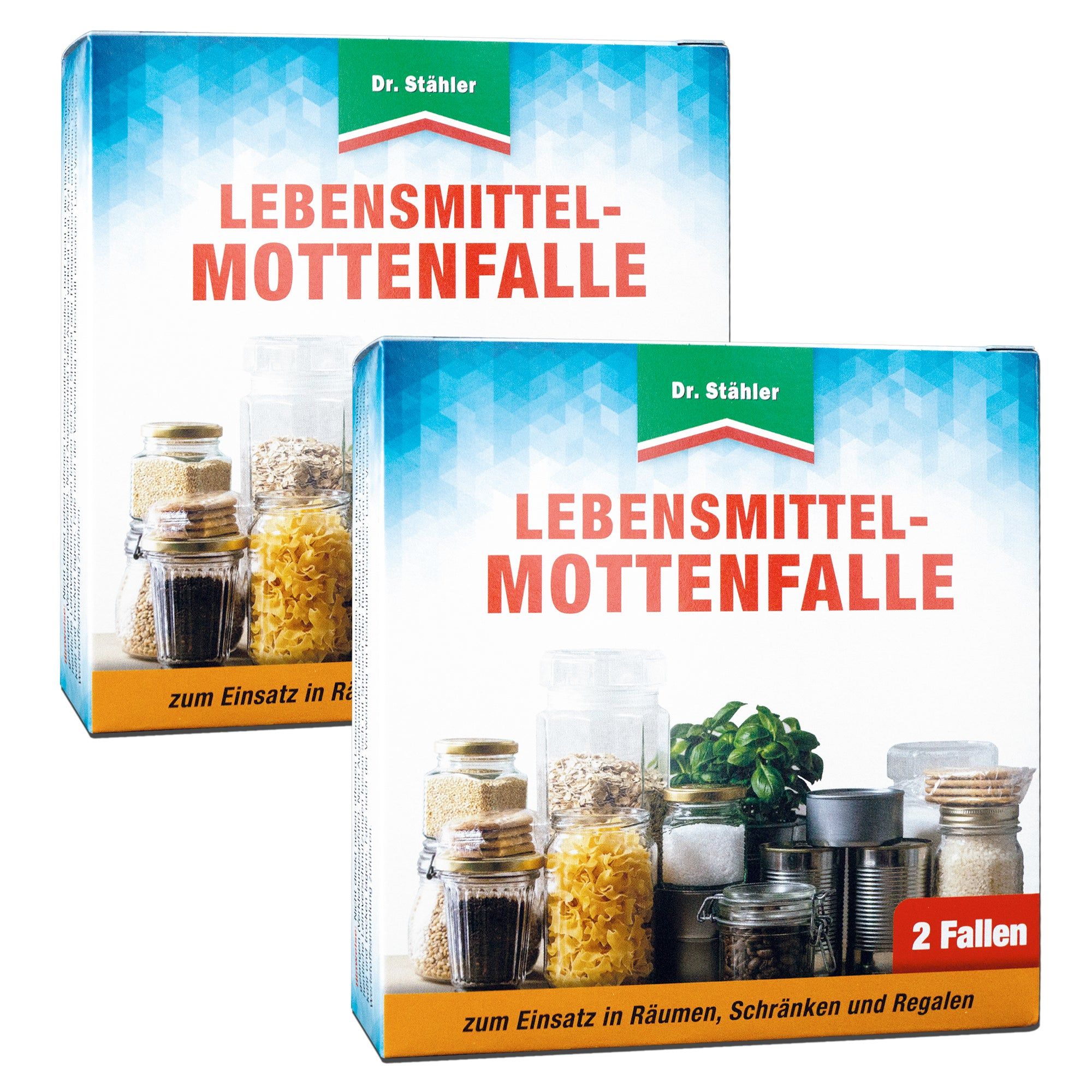 Zwei Kartons der Lebensmittel-Mottenfalle. Aufdruck: Lebensmittel-Mottenfalle, 2 Fallen. Abgebildet sind Gläser mit Lebensmitteln.