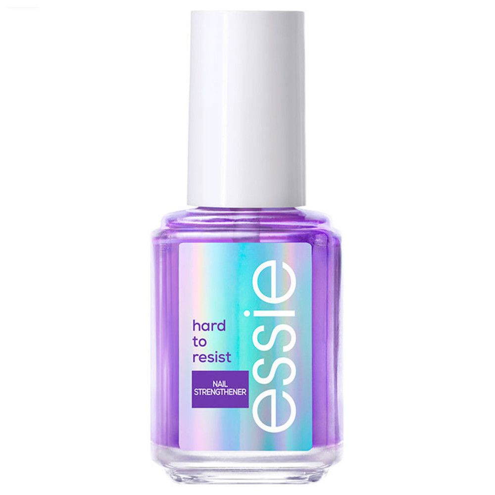 Essie Hard to Resist Nagelhärter. Flasche mit lila Flüssigkeit, weißer Kappe und holografischem Etikett. Marke und Produktname sichtbar.