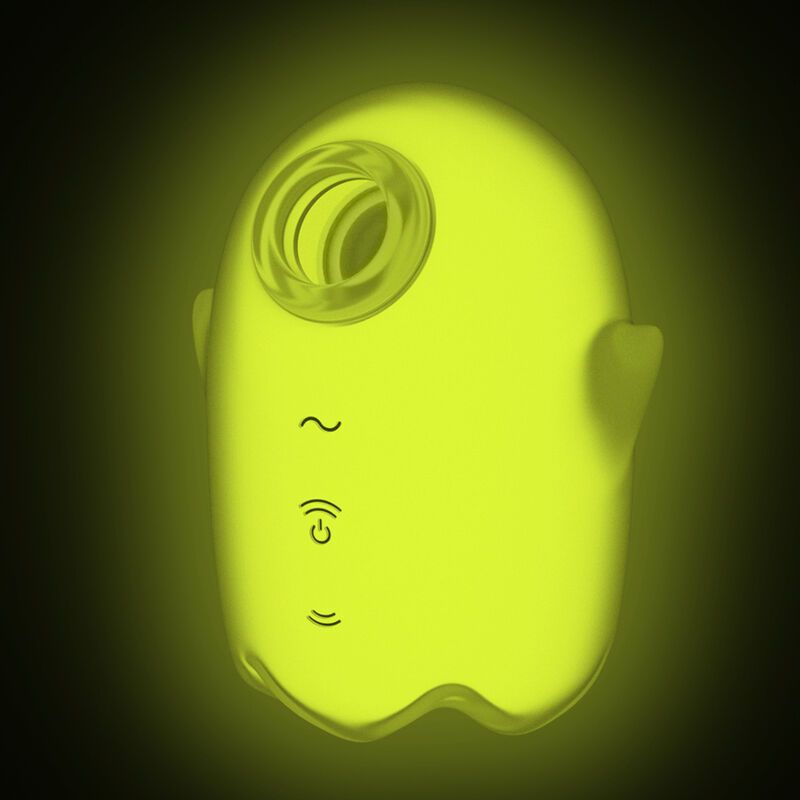 Geisterförmiger Vibrator, leuchtend gelb. Drei Bediensymbole sind sichtbar. Oben eine Öffnung.