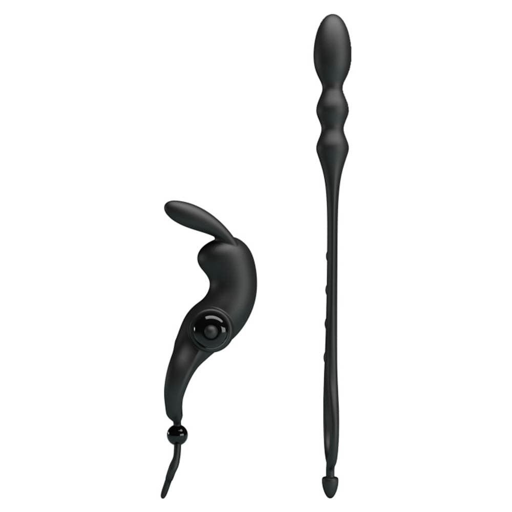 Schwarzes Vibrationsprodukt mit Ring, Stimulationsteil und Analplug. Einzelteile nebeneinander.