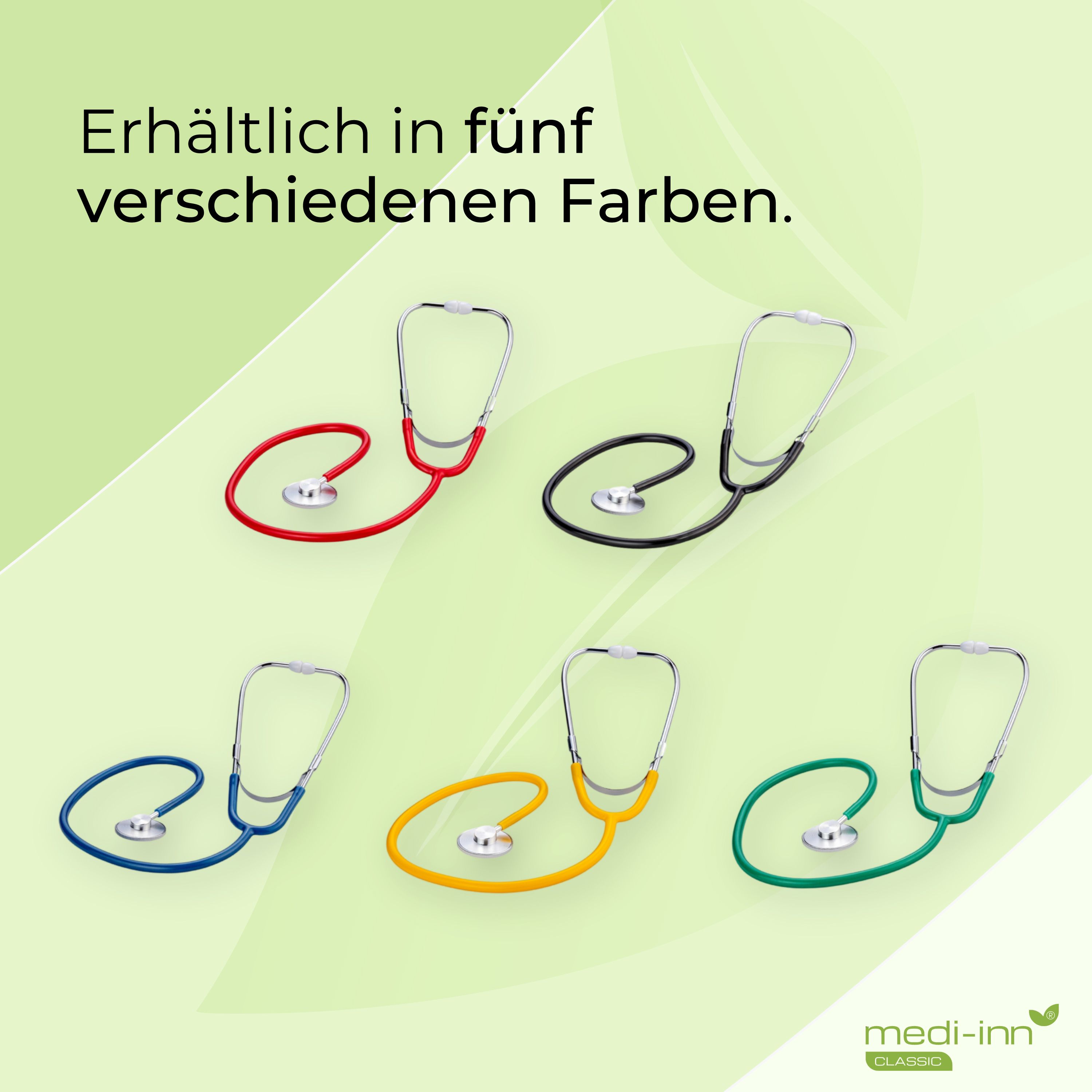 Fünf Stethoskope in verschiedenen Farben: Rot, Schwarz, Blau, Gelb und Grün.