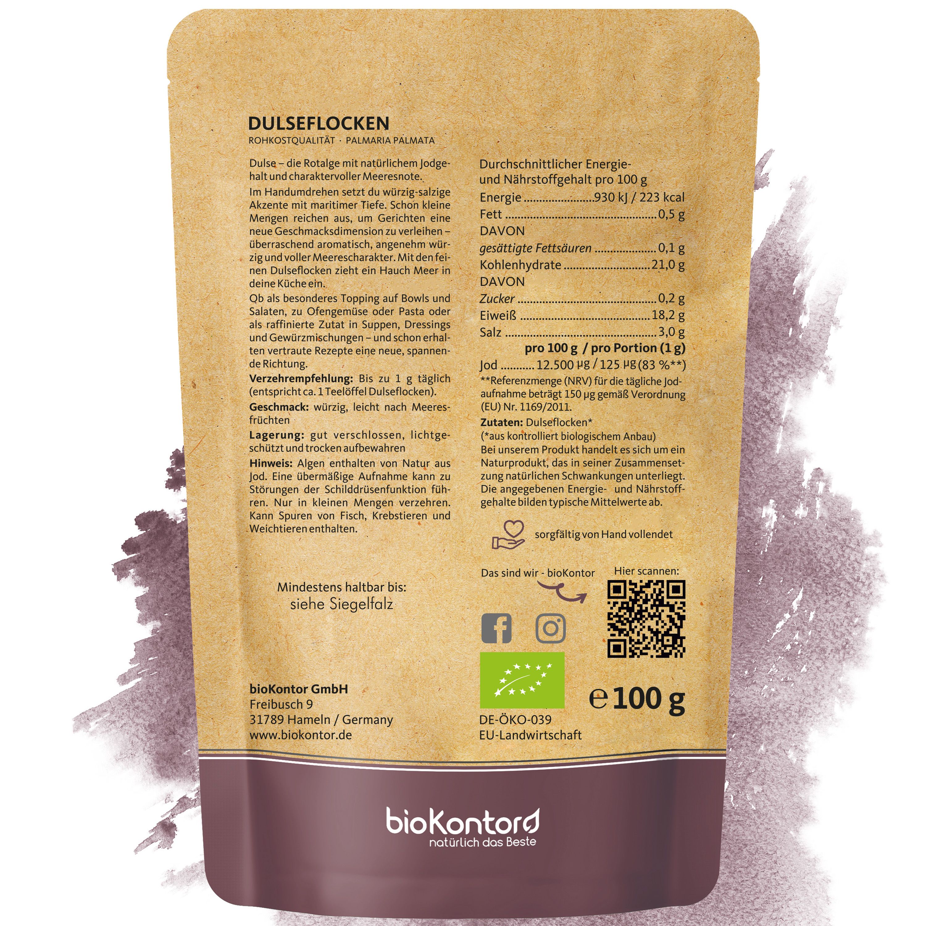 Bio-Kontor Dulseflocken Rohkostqualität, 100g Beutel mit Nährwertangaben und Bio-Siegel.