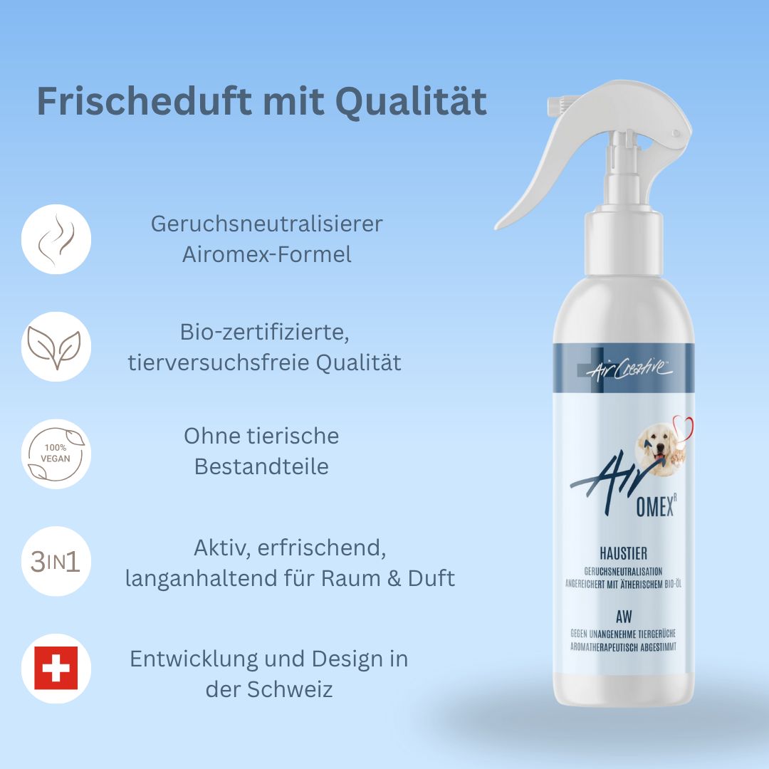 Produkt Airomex®AW «Haustier» mit Text und Icons auf blauem Hintergrund. Bio-zertifiziert, tierversuchsfrei.