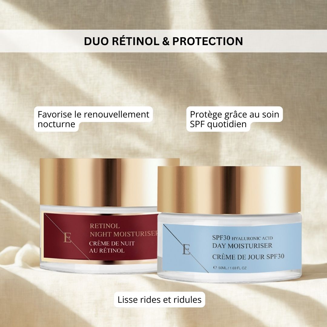 Zwei Cremetiegel mit goldenen Deckeln. Links: Rot beschriftet, "Retinol Night Moisturiser". Rechts: Blau beschriftet, "SPF30 Hyaluronic Acid Day Moisturiser". Text: "Duo Rétinol & Protection".