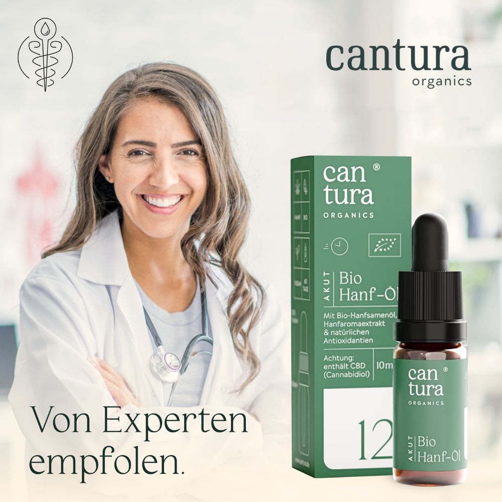Ärztin mit Stethoskop neben Produktverpackung und Flasche. Aufschrift: can tura ORGANICS, Bio Hanf-Öl, 12% CBD.