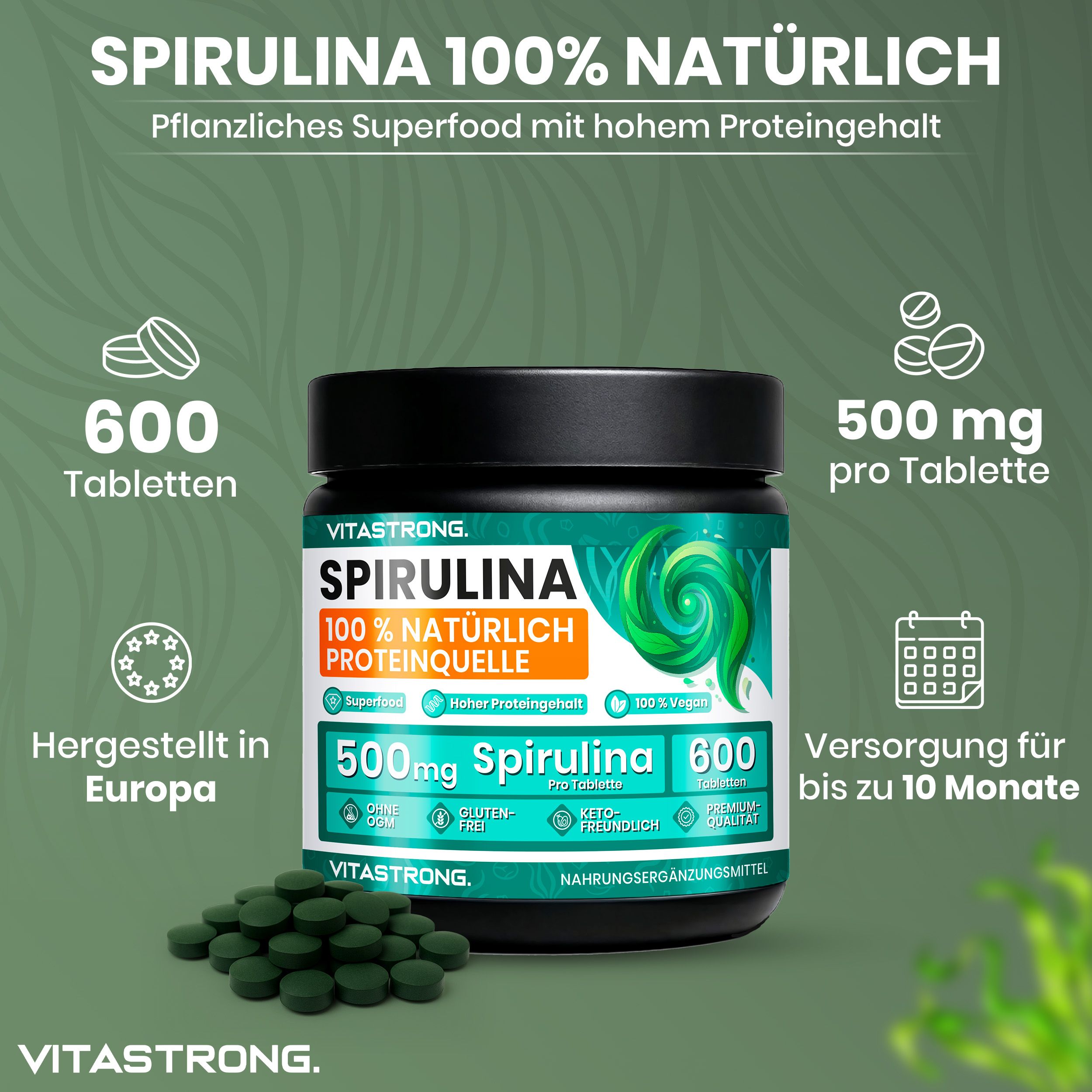 Vitastrong Spirulina. 100% natürlich. 600 Tabletten. 500mg pro Tablette. Hergestellt in Europa. Bis zu 10 Monate.