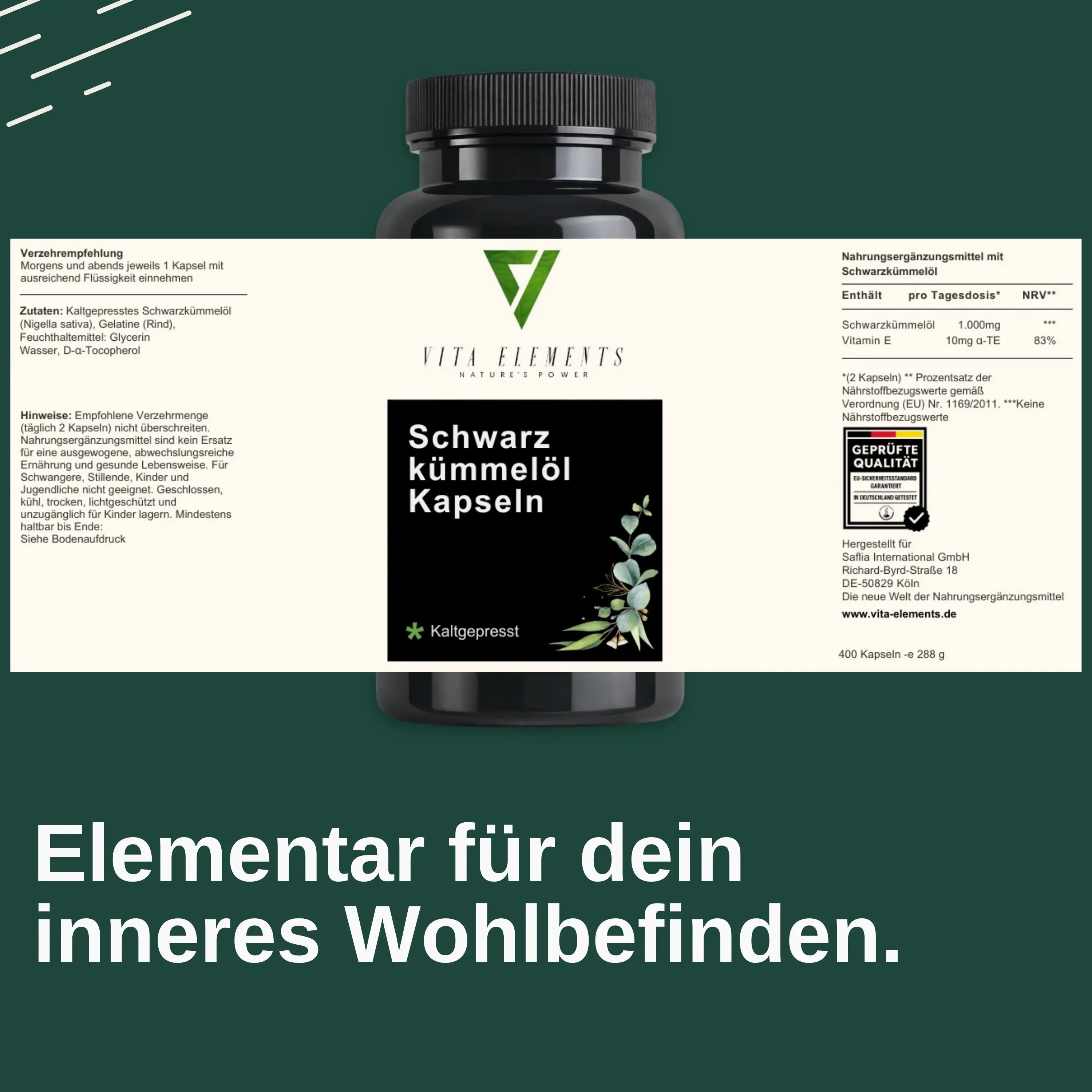 Rückseite der Dose Vita Elements Schwarzkümmelöl Kapseln mit Nährwertangaben und Siegel.