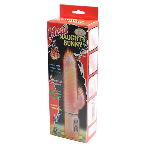 Verpackung mit Produktabbildung. Aufschrift: Heat Naughty Bunny. Flammen-Symbol und Temperaturanzeige.