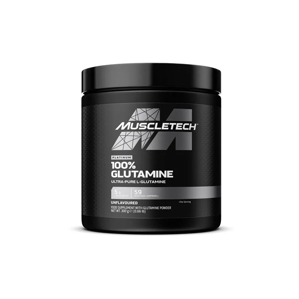 Schwarze Dose mit Deckel. Aufschrift: MUSCLETECH, PLATINUM, 100% GLUTAMINE, Ultra-Pure L-Glutamine. Unflavoured. Nahrungsergänzungsmittel.