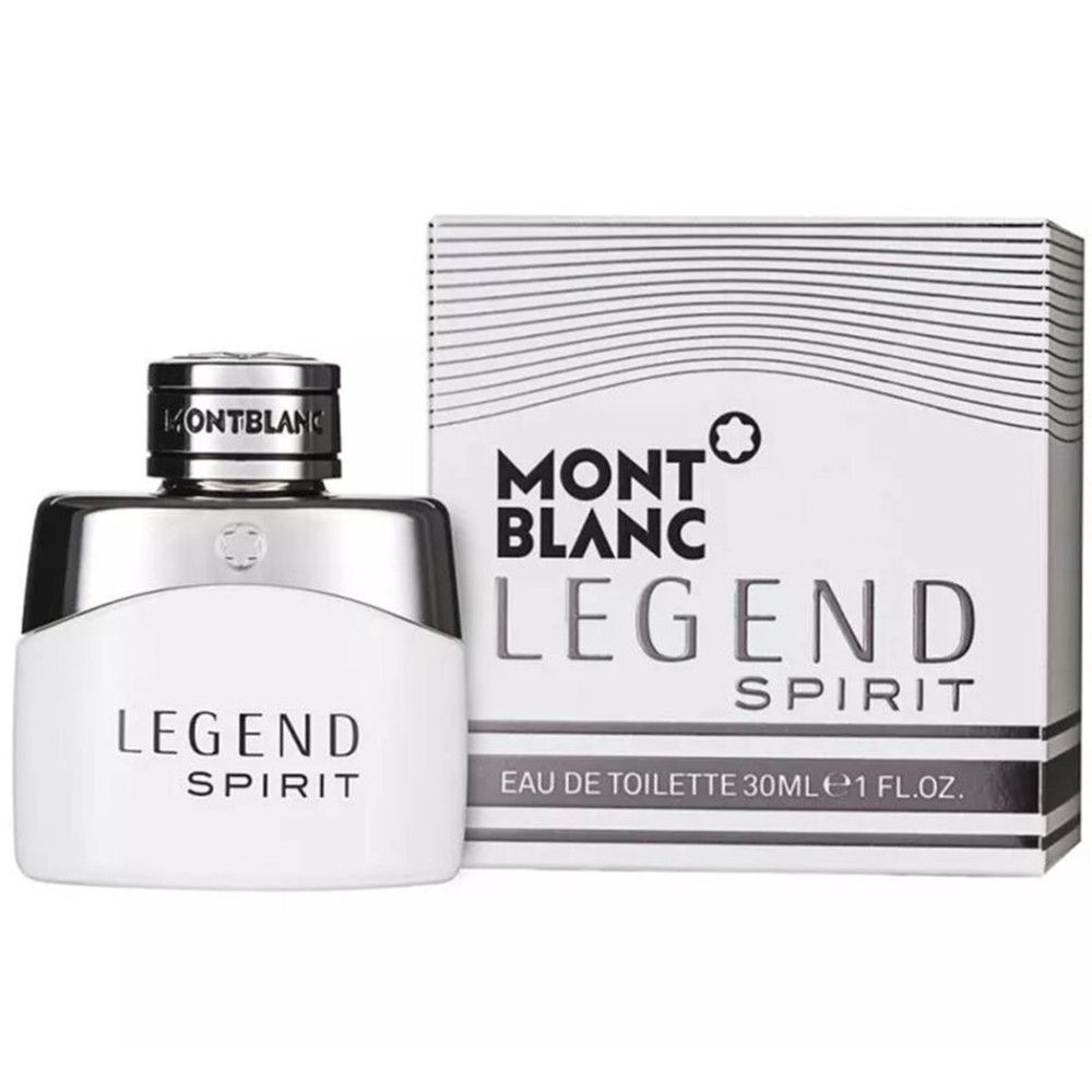 Weißer Flakon mit silberner Kappe und Verpackung. Aufschrift: MONTBLANC LEGEND SPIRIT. Eau de Toilette.