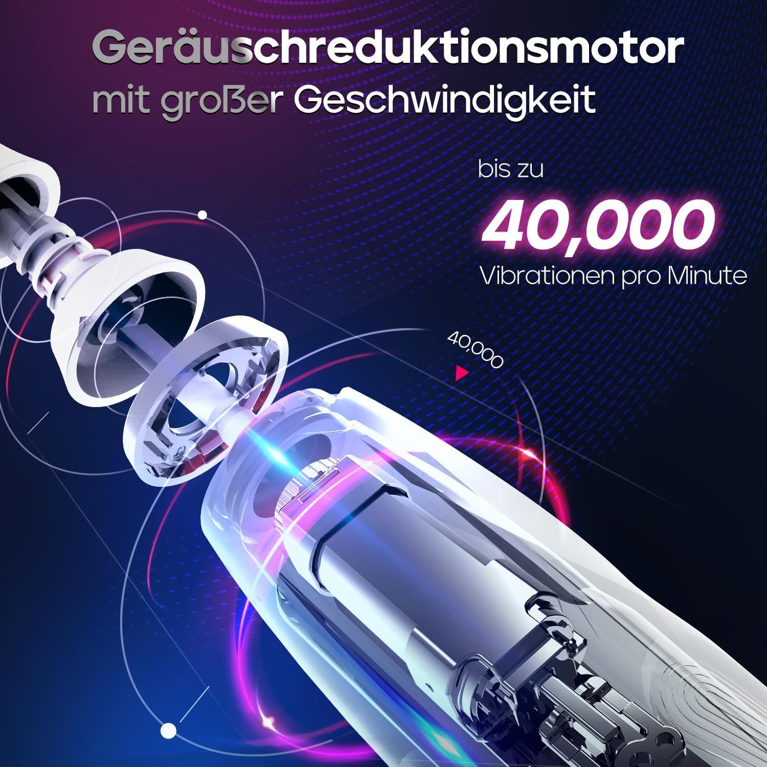 Detailansicht des Motors einer elektrischen Zahnbürste. Bis zu 40.000 Vibrationen pro Minute.