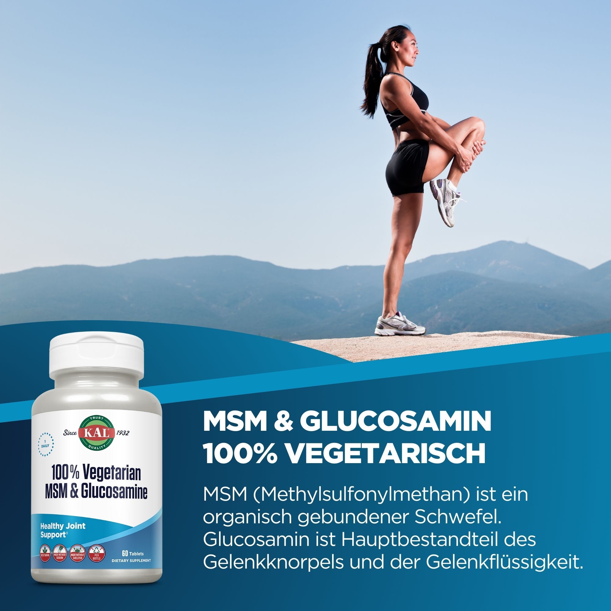 Eine Flasche KAL MSM & Glucosamin. Aufschrift: 100% vegetarisch. Eine Frau dehnt sich im Hintergrund.
