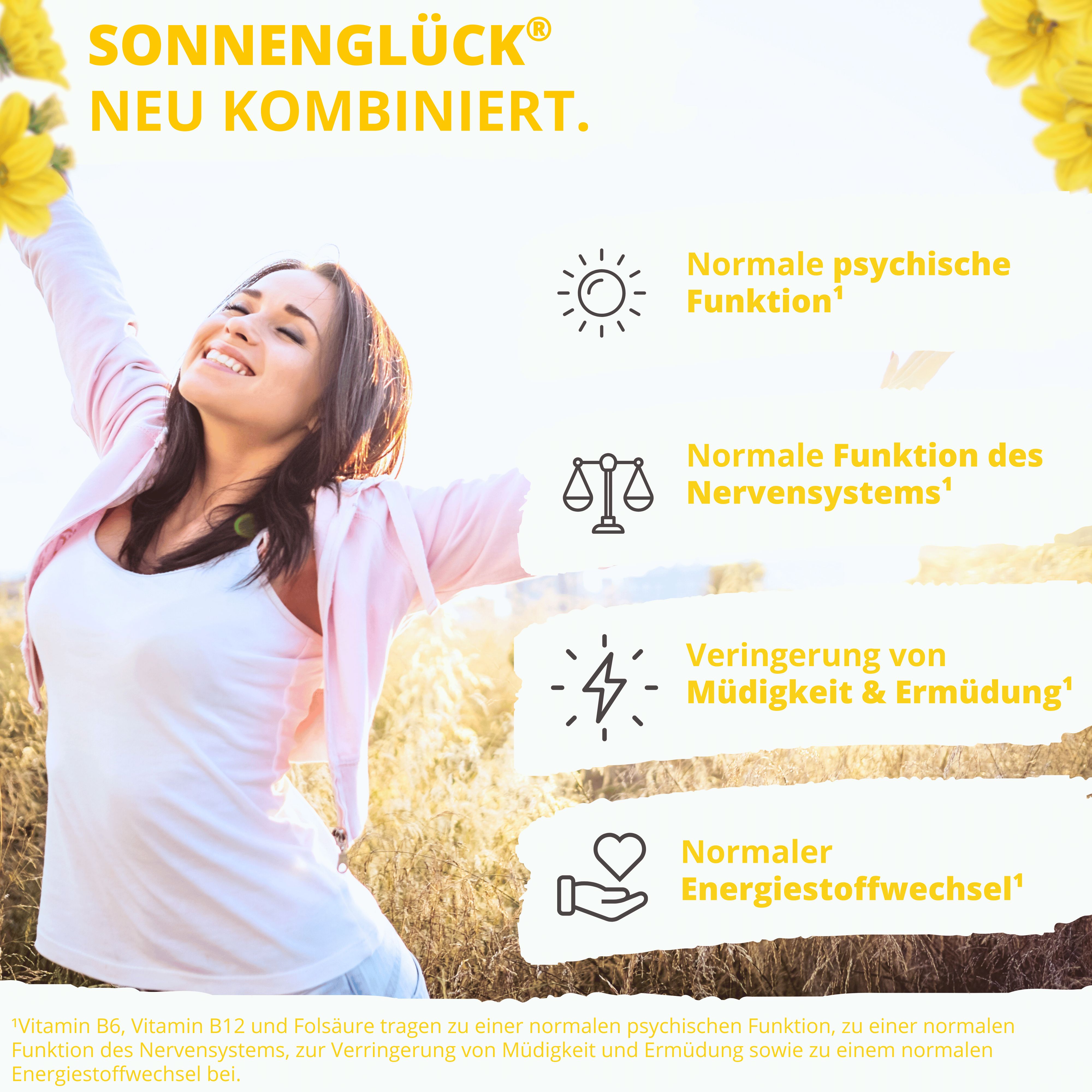 Frau mit erhobenen Armen. Text: SONNENGLÜCK, normale psychische Funktion, Nervensystem, Reduzierung von Müdigkeit, normaler Energiestoffwechsel.