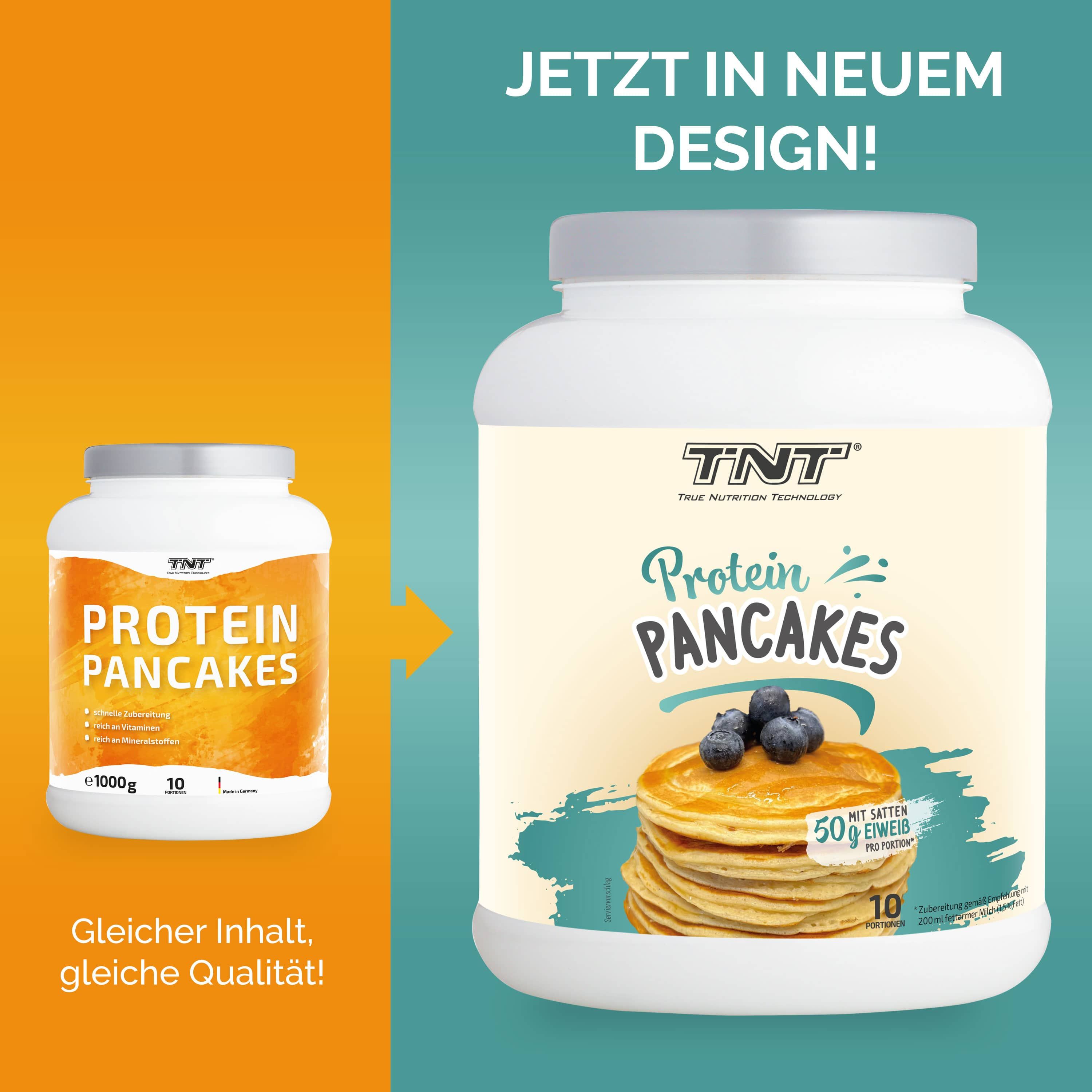 Zwei Behälter TNT Protein Pancakes. Links: alter Behälter. Rechts: neuer Behälter. Text: "Jetzt in neuem Design!" und "Gleicher Inhalt, gleiche Qualität!"