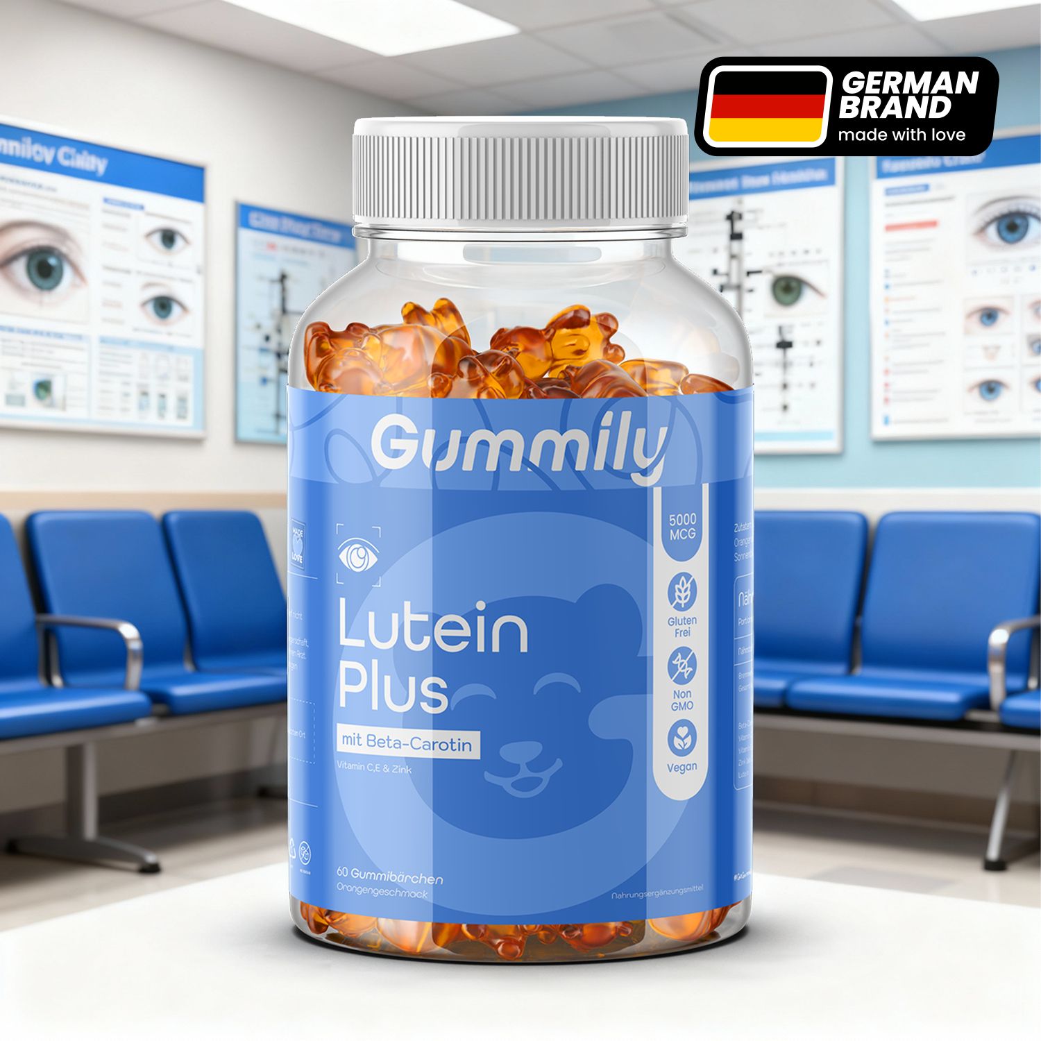 Gummily Lutein Plus in einer transparenten Flasche. Enthält Gummibärchen. Aufschrift: 5000 MCG, Glutenfrei, GMO-frei, Vegan.