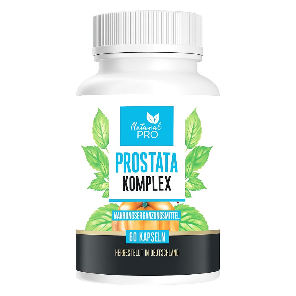 Weiße Flasche mit blauem Etikett. Aufschrift: Natural Pro, Prostata Komplex, 60 Kapseln. Grünpflanzen-Illustrationen.