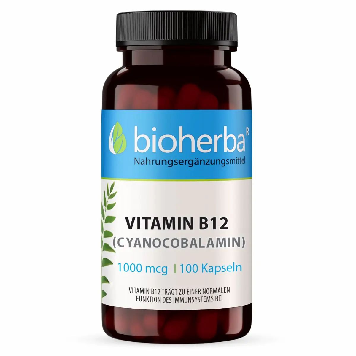 Braune Flasche mit schwarzen Deckel. Enthält Kapseln. Aufdruck: Vitamin B12, Bioherba-Logo und Produktinformationen.