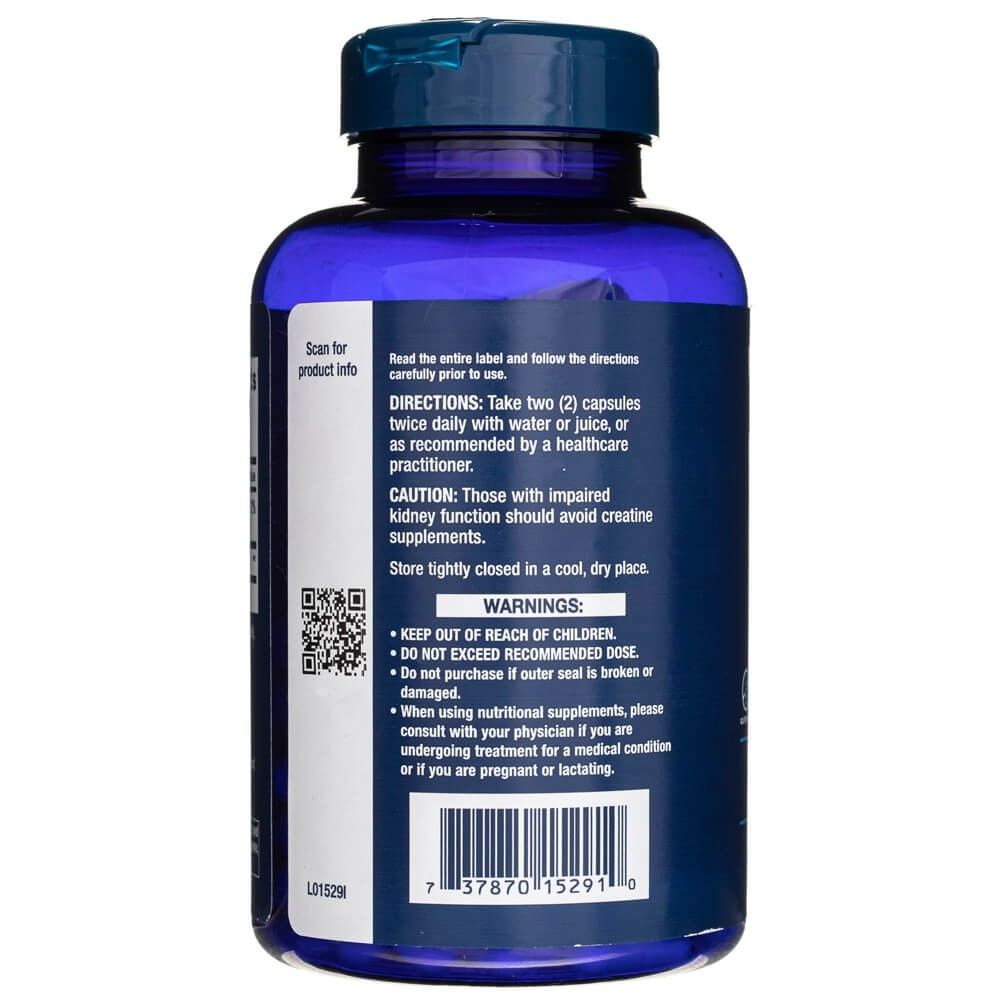 Rückseite der Life Extension Kreatin-Kapseln-Flasche. Enthält Anweisungen zur Einnahme und Warnhinweise. QR-Code für Produktinformationen.