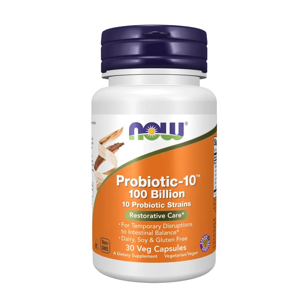 Weiße Flasche mit blauem Deckel. Aufschrift: Probiotic-10, 100 Milliarden, 30 Veg Capsules. Marke: NOW.
