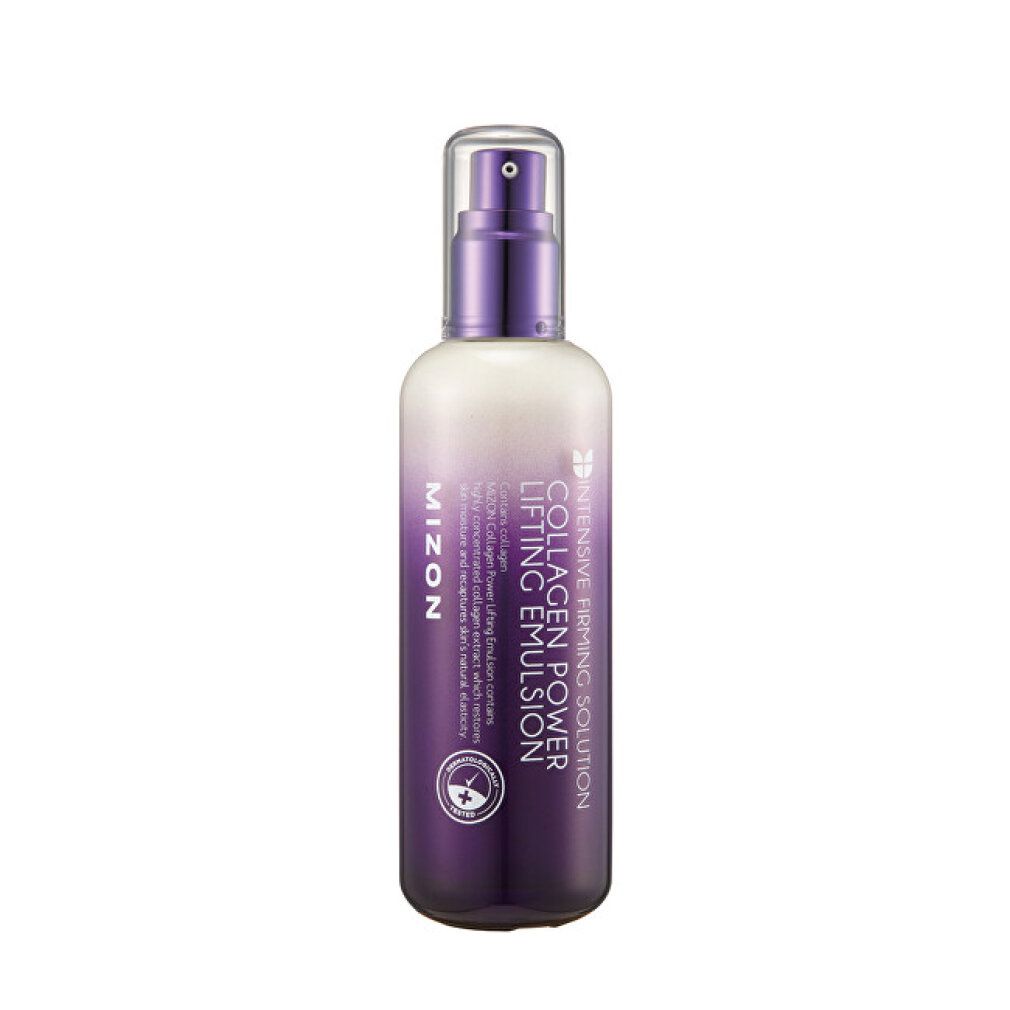 Flasche MIZON Collagen Power Lifting Emulsion. Weiß-lila Farbverlauf, Sprühkopf. Text: Intensive Firming Solution.
