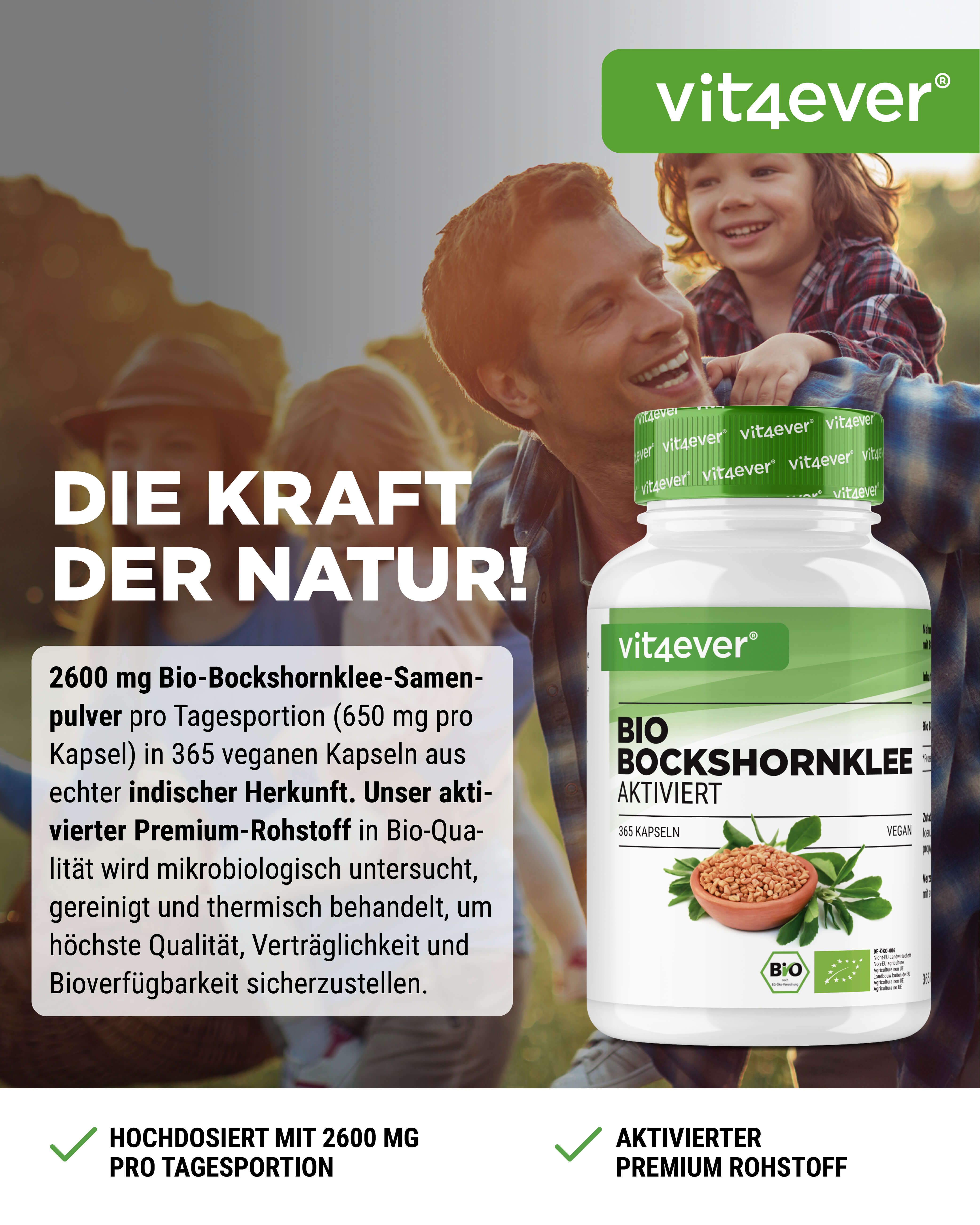 Flasche "vit4ever BIO BOCKSHORNKLEE AKTIVIERT" vor Hintergrund mit Familie. Text: "Die Kraft der Natur!" und "Aktivierter Premium Rohstoff".