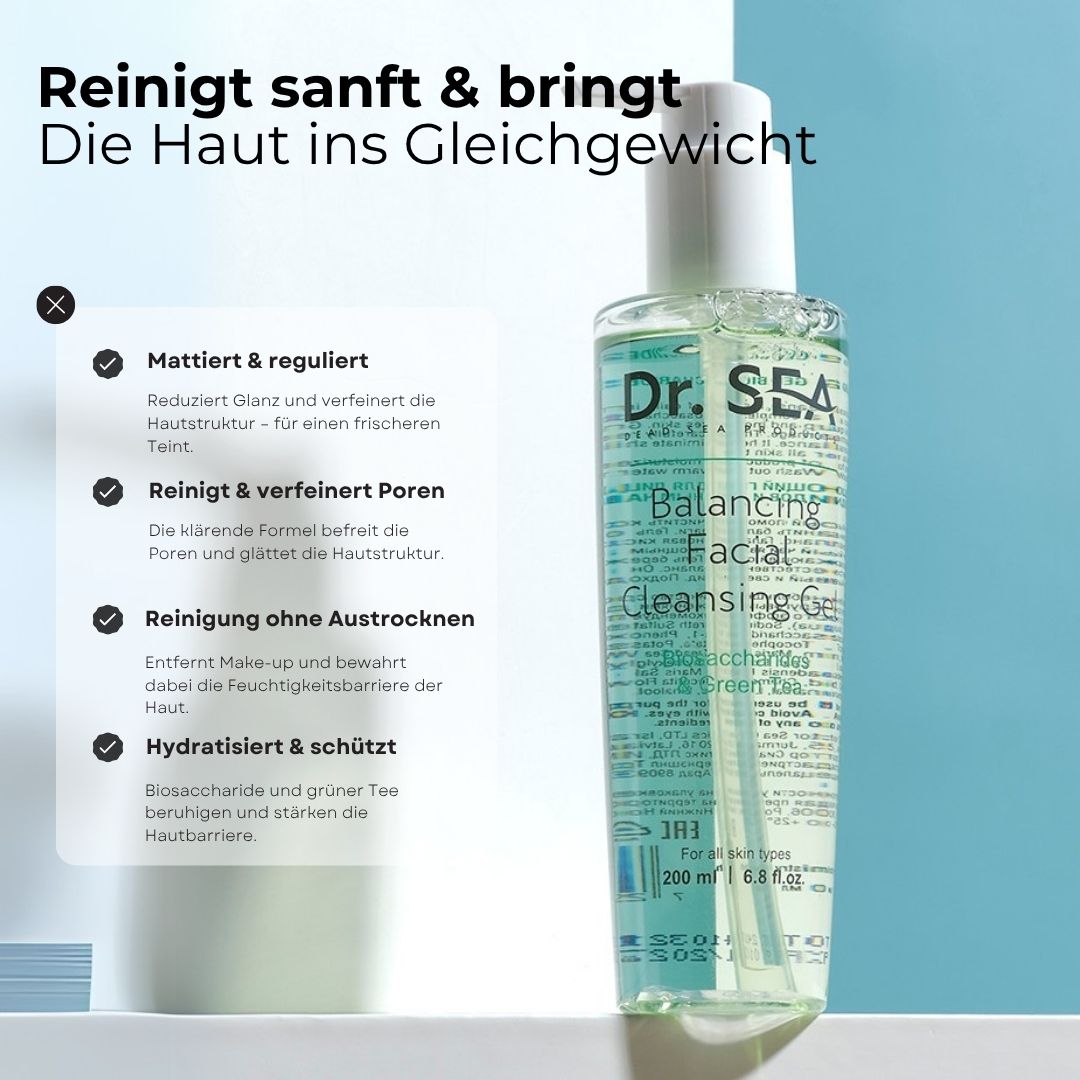Produktflasche mit Text. Text: Reinigt sanft & bringt die Haut ins Gleichgewicht. Dr. SEA Balancing Facial Cleansing Gel.