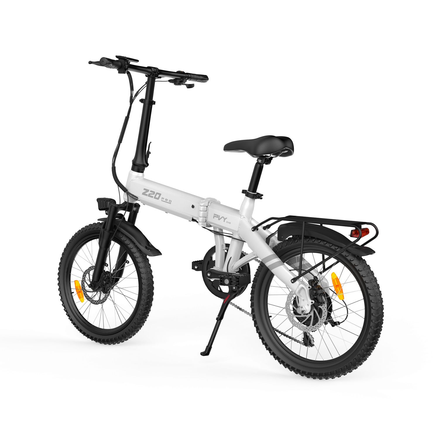 Faltbares E-Bike, weiß mit schwarzen Elementen. Z20-Logo, PVY-Logo, Gepäckträger, Scheinwerfer, Schutzbleche.