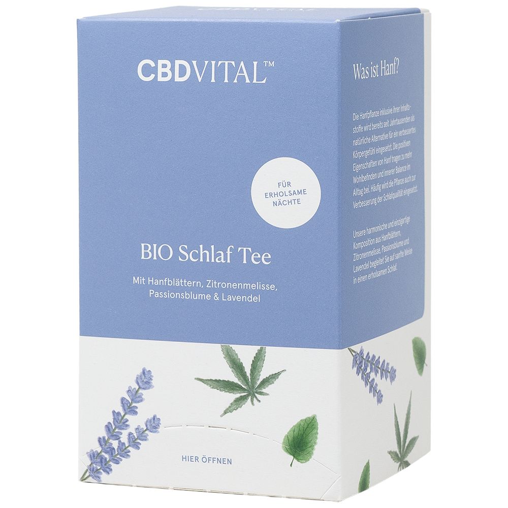Blaue Schachtel mit CBDVITAL-Logo. Aufschrift: BIO Schlaf Tee. Mit Hanfblättern, Zitronenmelisse, Passionsblume & Lavendel.