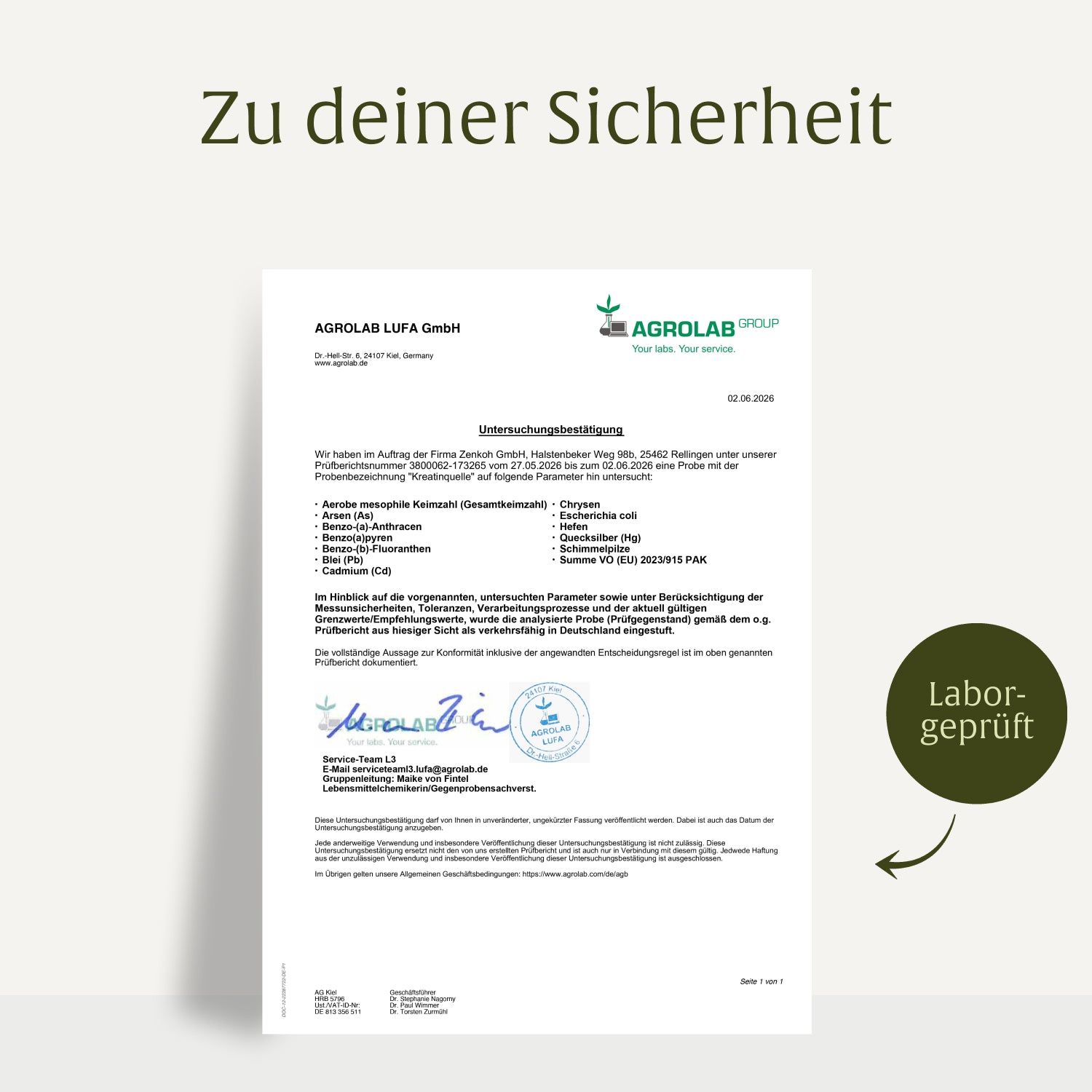 Laborbericht "Labor-geprüft" mit Siegel und Unterschrift, bestätigt die Qualität des Kreatinpulvers.