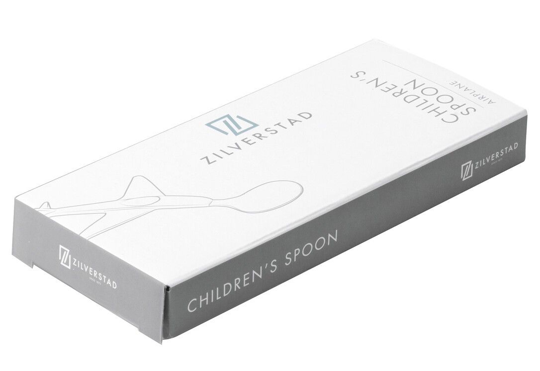 Verpackung für Kinderlöffel. Aufschrift: CHILDREN'S SPOON AIRPLANE. ZILVERSTAD Logo.