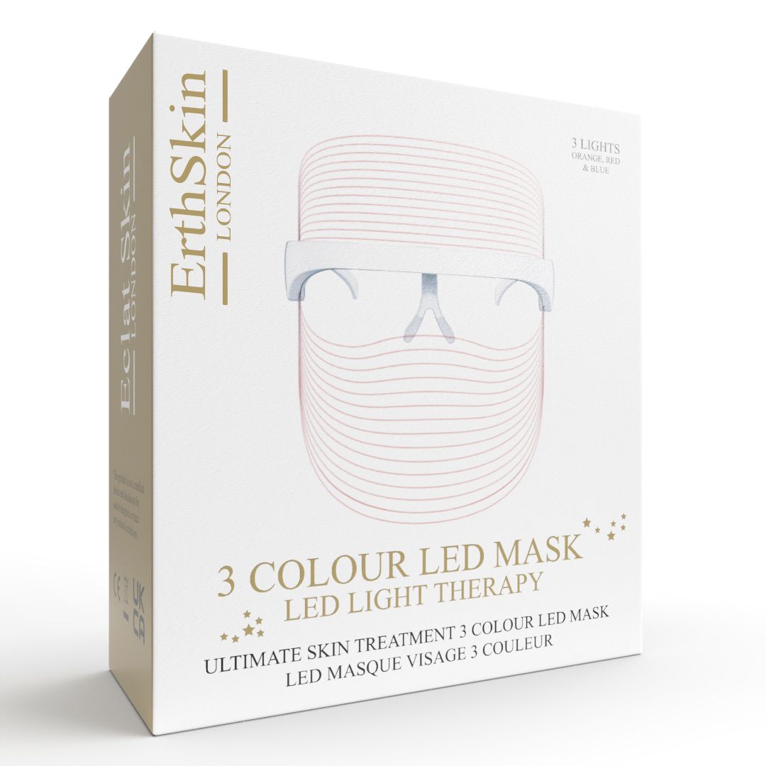 Verpackung der ErthSkin London 3-Farben-LED-Maske. Aufschrift: 3 COLOUR LED MASK, LED LIGHT THERAPY. Abbildung der Maske.