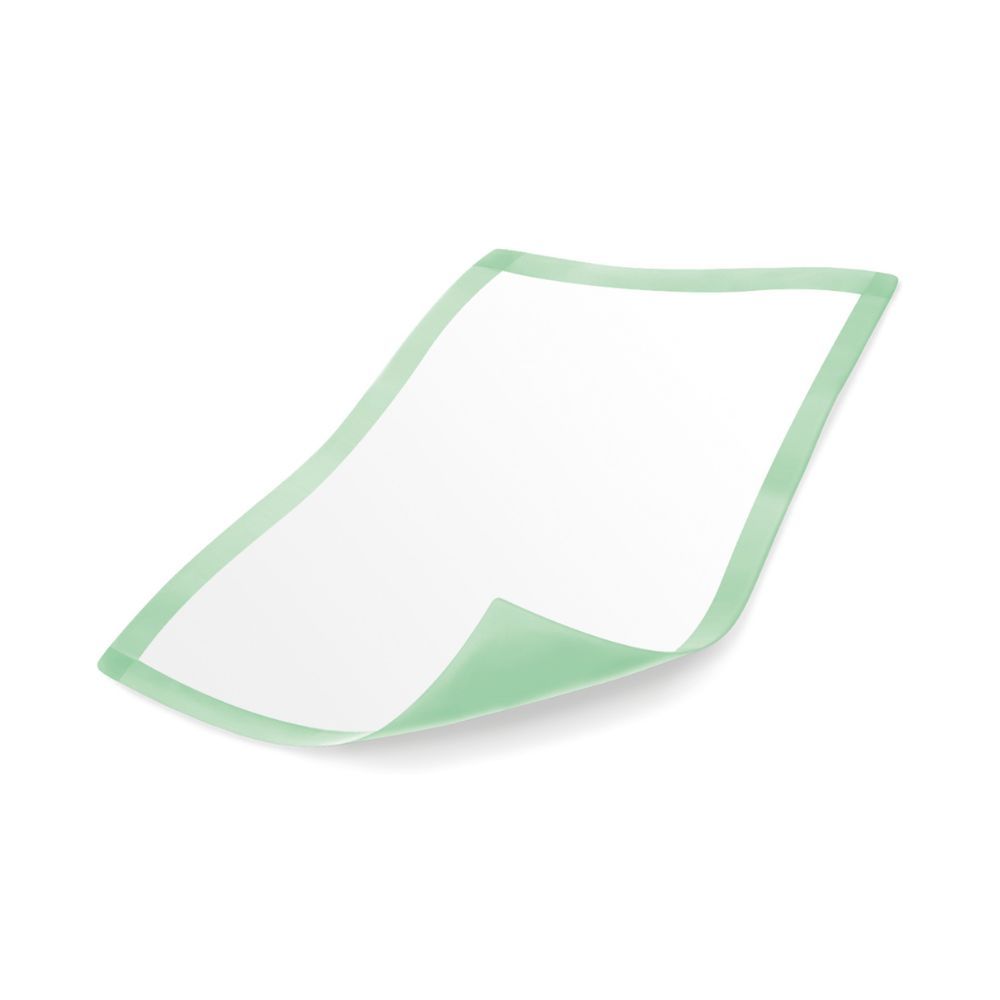 Weißes, rechteckiges Betttuch mit grünem Rand, leicht angehoben. Hygieneprodukt.