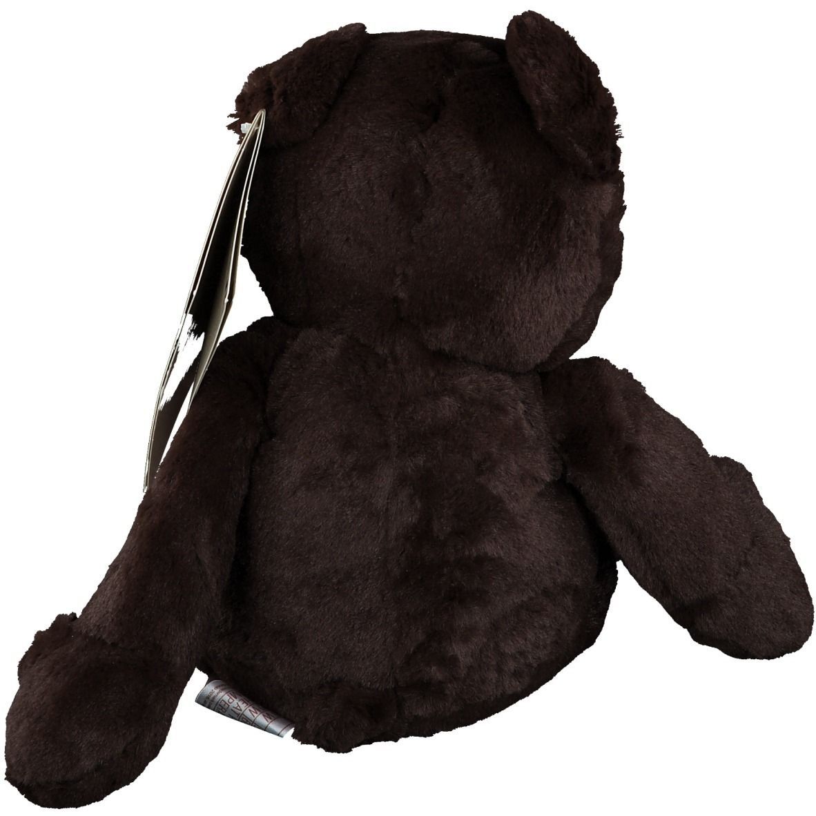 Brauner Teddybär, Rückansicht. Ohren, Arme und Beine sichtbar. Anhänger mit Produktinformationen.
