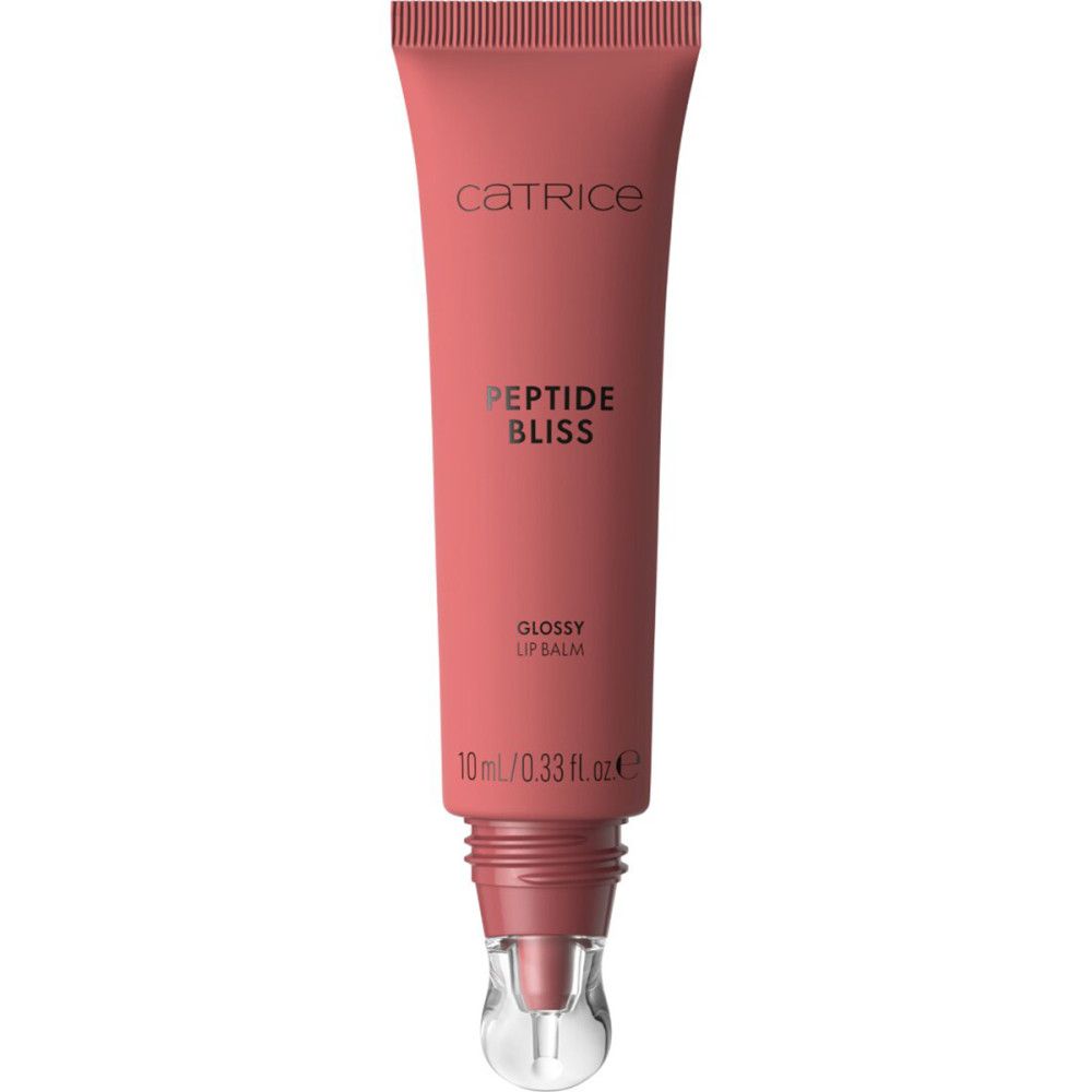Catrice Peptide Bliss Glossy Lip Balm Tube. Rosa Tube mit transparentem Applikator. Schriftzug: Catrice, Peptide Bliss, Glossy Lip Balm.
