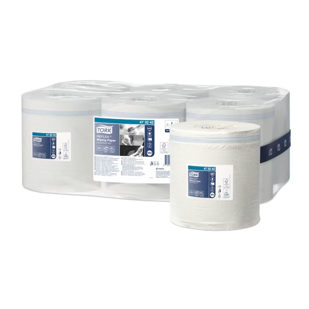 Mehrzweck-Papierwischtücher, weiß, in Folie verpackt. Mehrere Rollen, teilweise sichtbar. Produktname und Artikelnummer auf Etiketten.