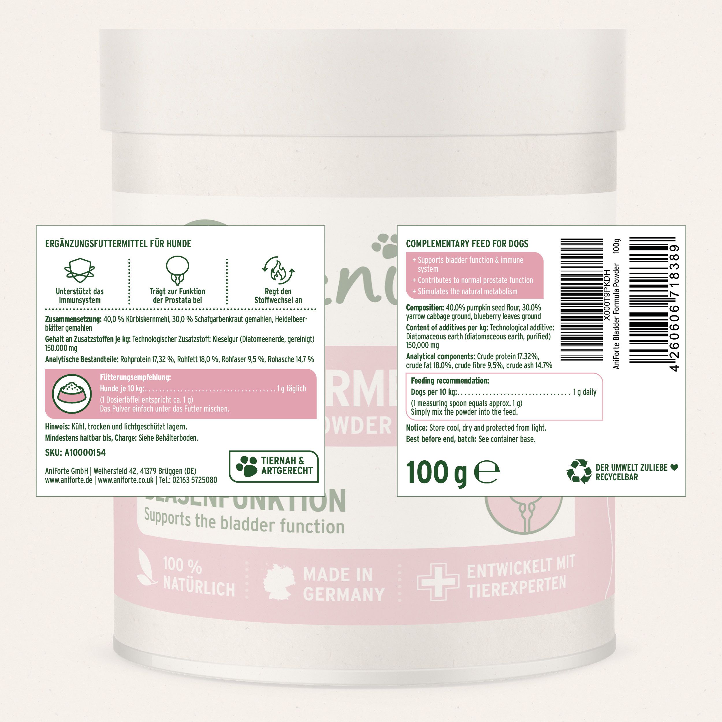 Produktetikett. Aufschrift: AniForte Blasen-Formel Pulver. Ergänzungsfuttermittel für Hunde. 100g.