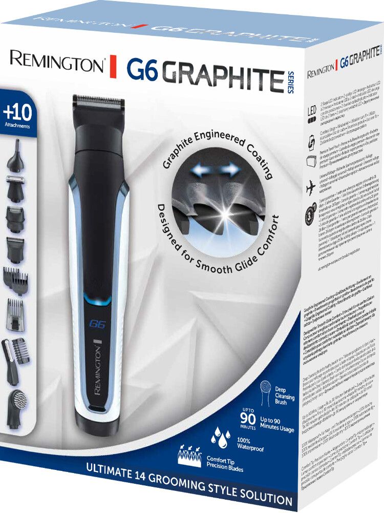 Produktverpackung mit Trimmer und Zubehör. Auf der Verpackung steht Remington G6 Graphite Series. Enthält 10+ Aufsätze.