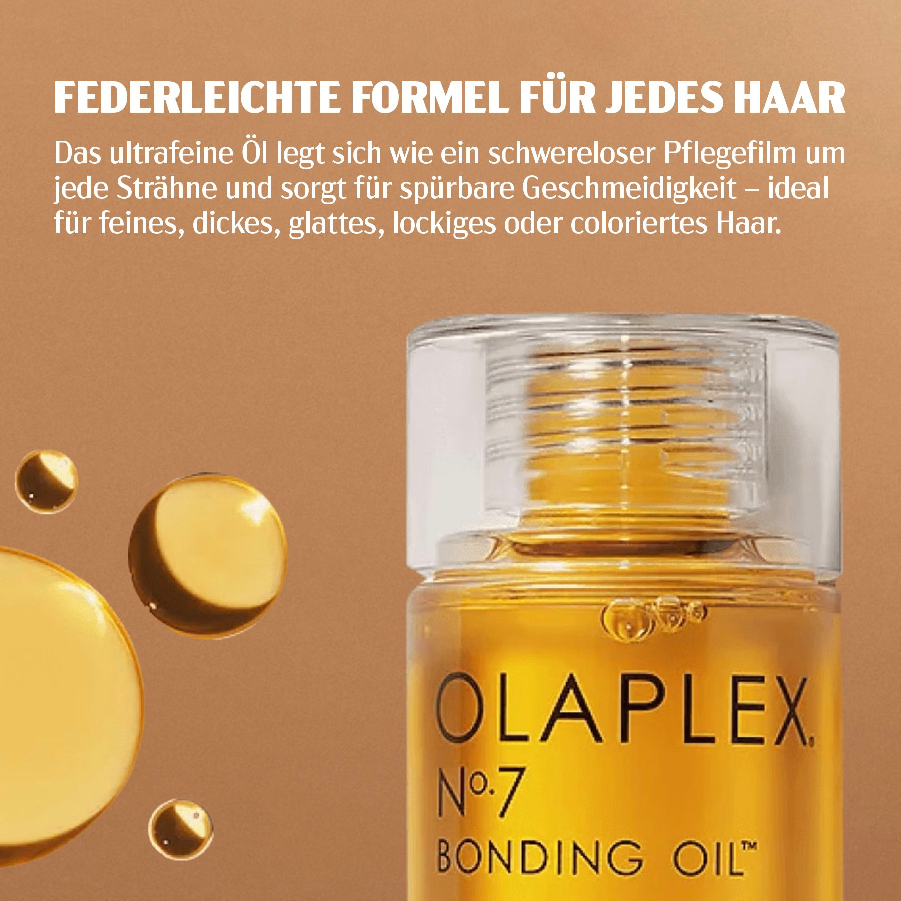 Nahaufnahme einer gelben Haarölflasche. Aufschrift: Olaplex Nr. 7 Bonding Oil. Mit goldenen Tropfen.
