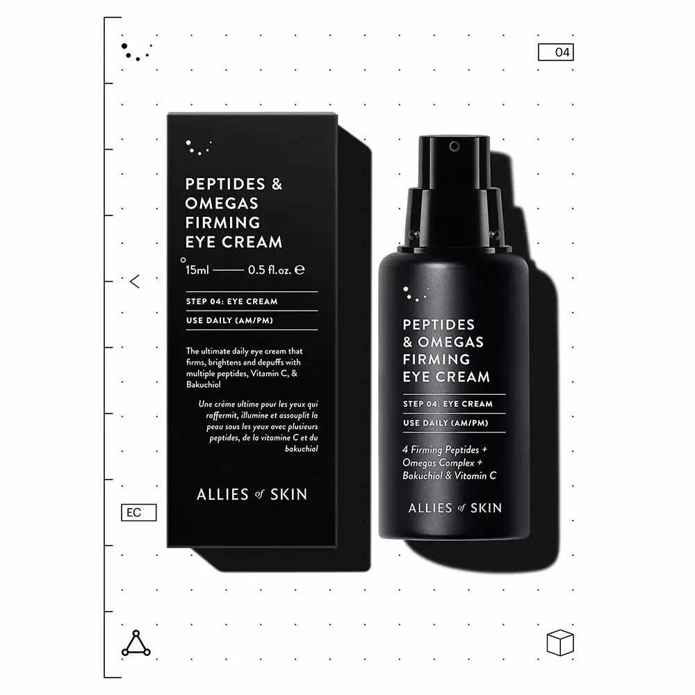 Schwarze Verpackung und Flasche. Text: Peptides & Omegas Firming Eye Cream. ALLIES OF SKIN.