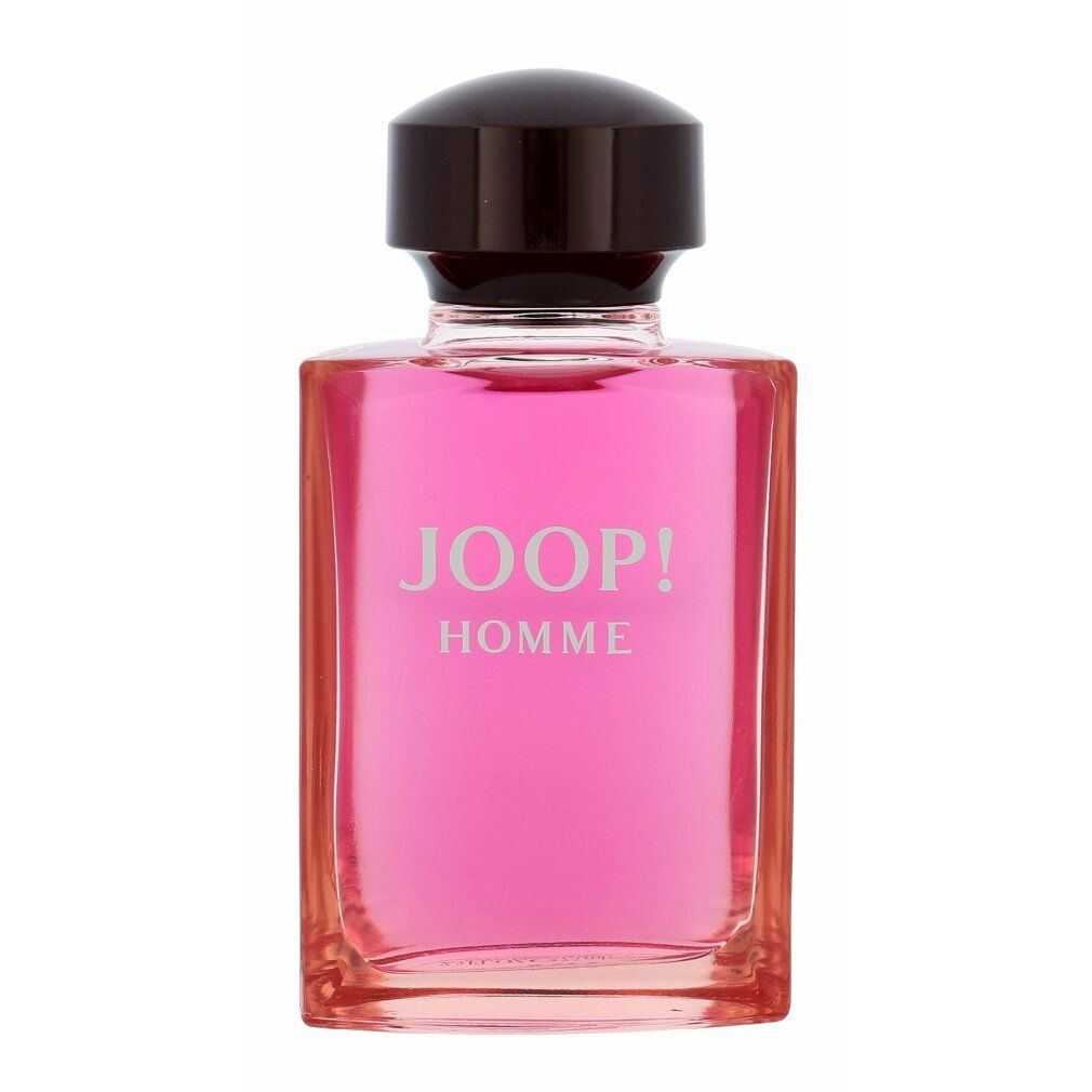 Joop! Homme After Shave Flakon, rosa Flüssigkeit, schwarzer Verschluss. Schriftzug JOOP! HOMME in Silber.
