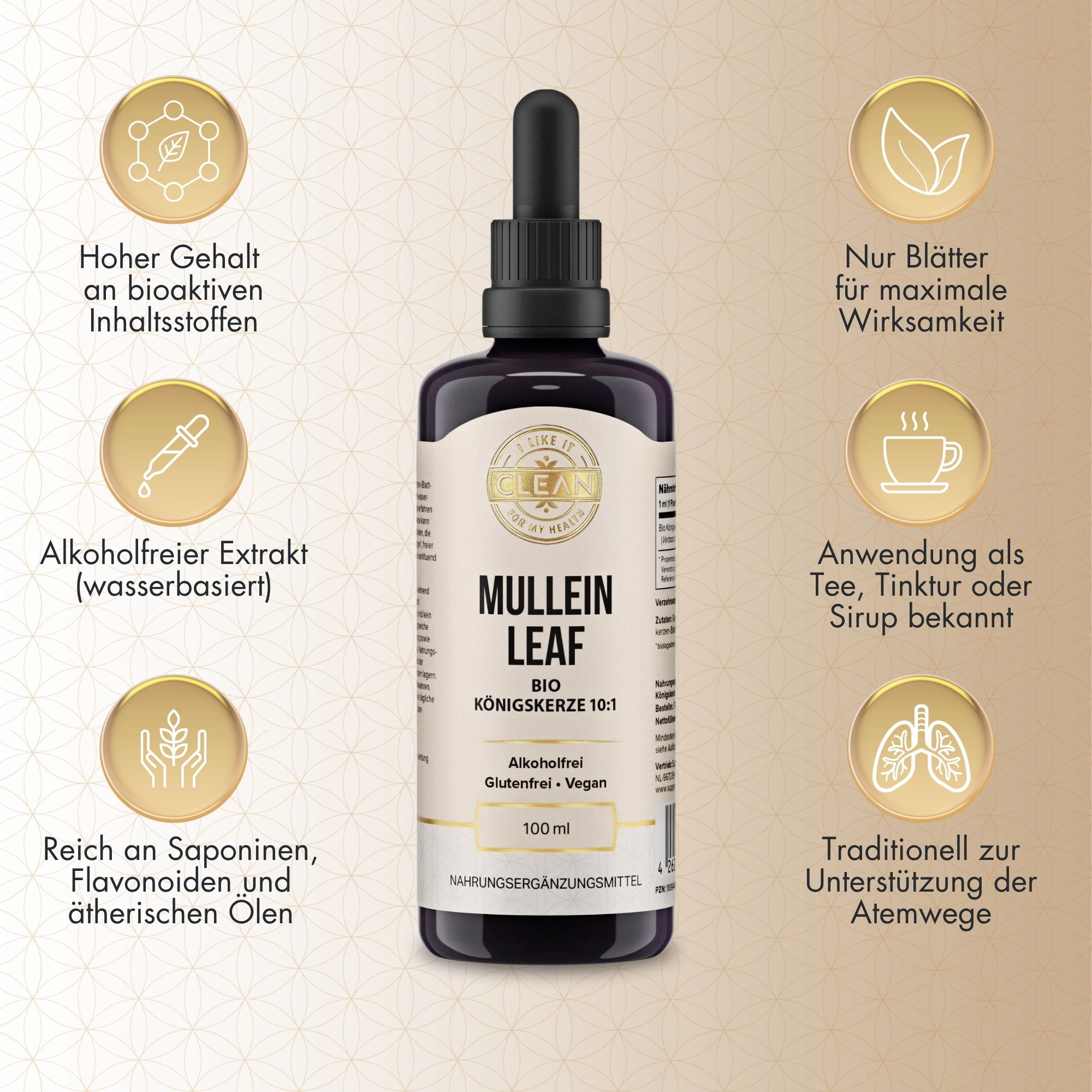 Braune Flasche mit Pipette. Text: Mullein Leaf, Bio Königskerze 10:1, 100 ml. Zusätzliche Informationen in Kreisen.