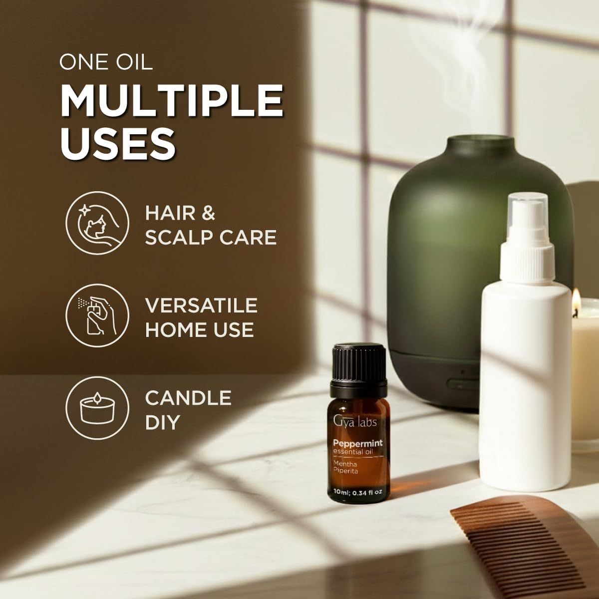 Dunkelgrüner Diffusor, weiße Sprühflasche, Ölflasche mit Etikett. Text: Eine Öl, mehrere Anwendungen: Haar- und Kopfhautpflege, DIY.