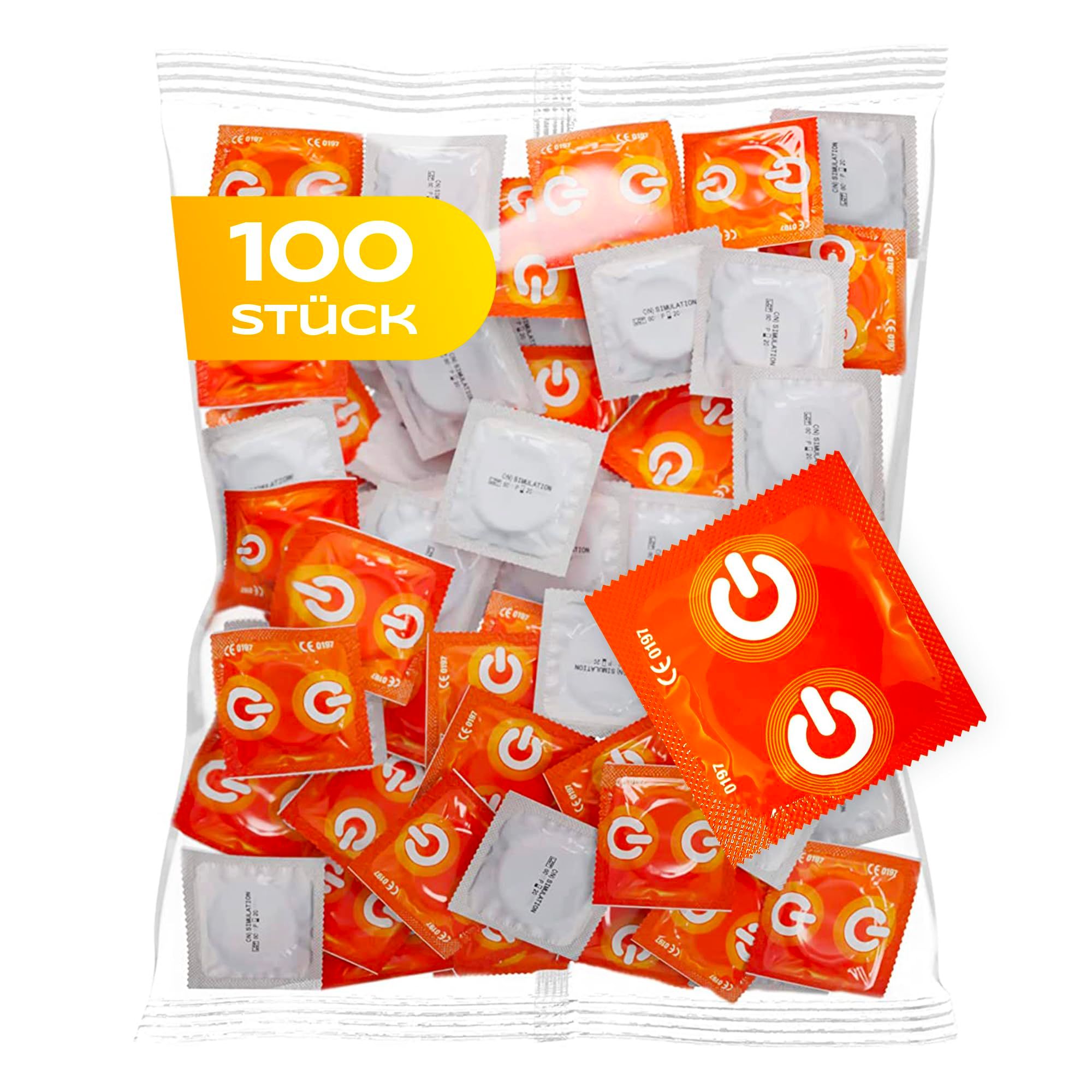Packung mit 100 einzeln verpackten Kondomen, einige mit orangem Aufdruck.
