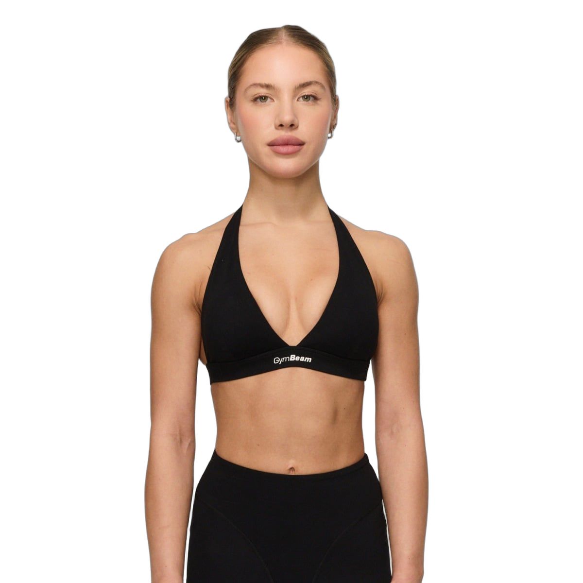 Schwarzer Sport-BH mit Neckholder-Trägern und dezentem GymBeam-Logo.