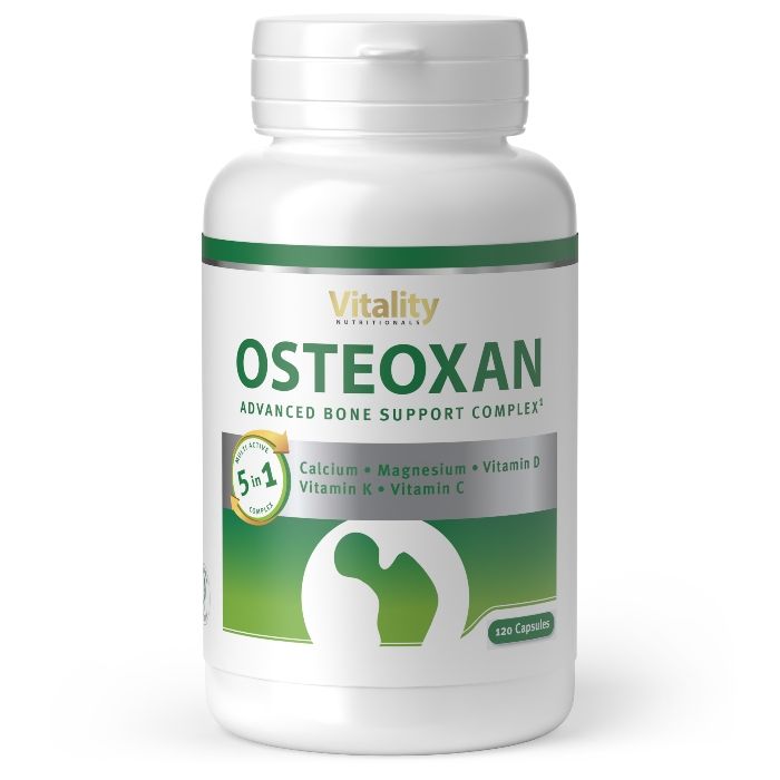 Weiße Flasche mit grünem Etikett. Aufschrift Osteoxan, Vitality Nutritionals. Enthält 120 Kapseln. 5-in-1-Formel: Calcium, Magnesium, Vitamin D, K, C.