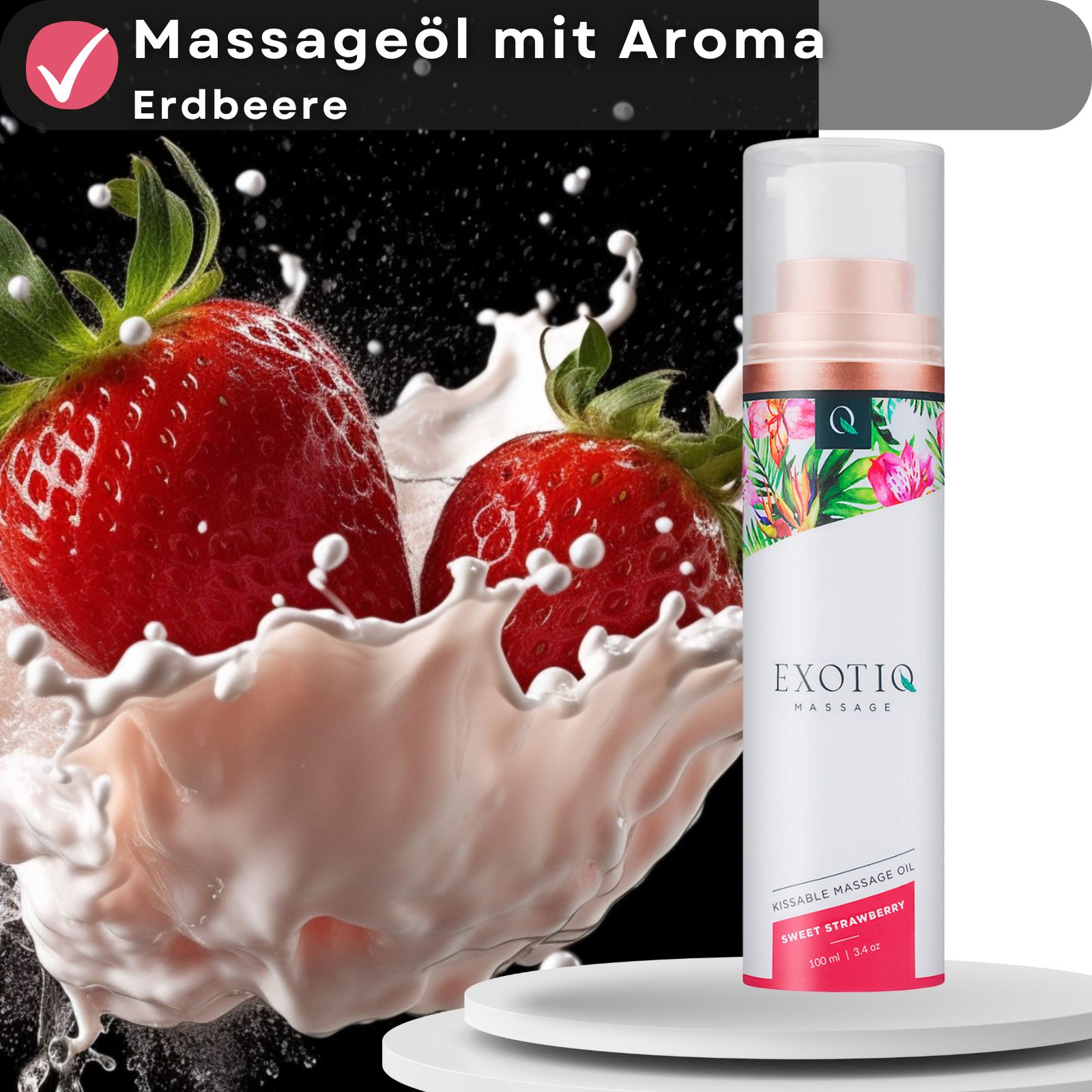 Produkt neben Erdbeeren und Milchspritzern. Text: Massageöl mit Aroma Erdbeere.
